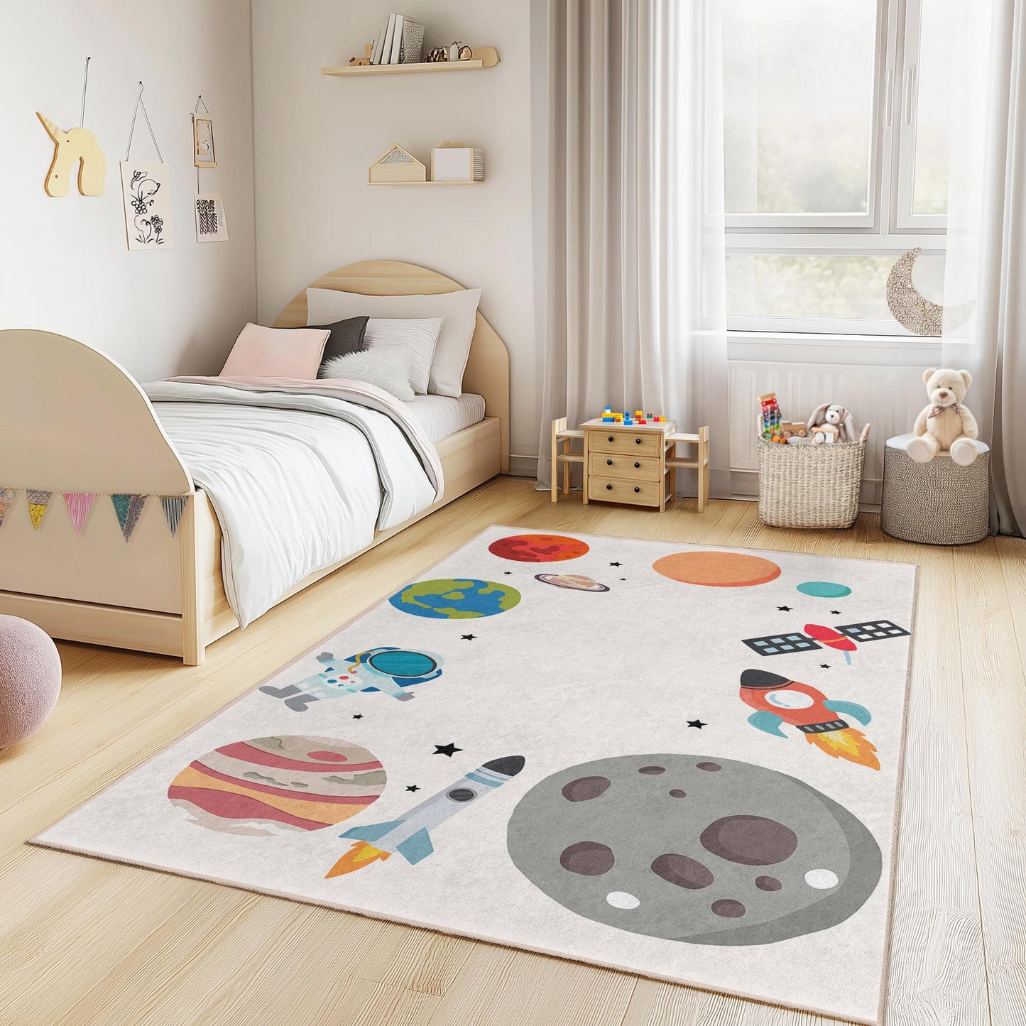 Cosmic Adventure Kids Rug, Space Theme Play Mat, Rectangle Kids Room Carpet, Astronaut Rug, Galaxy Decor for Children
