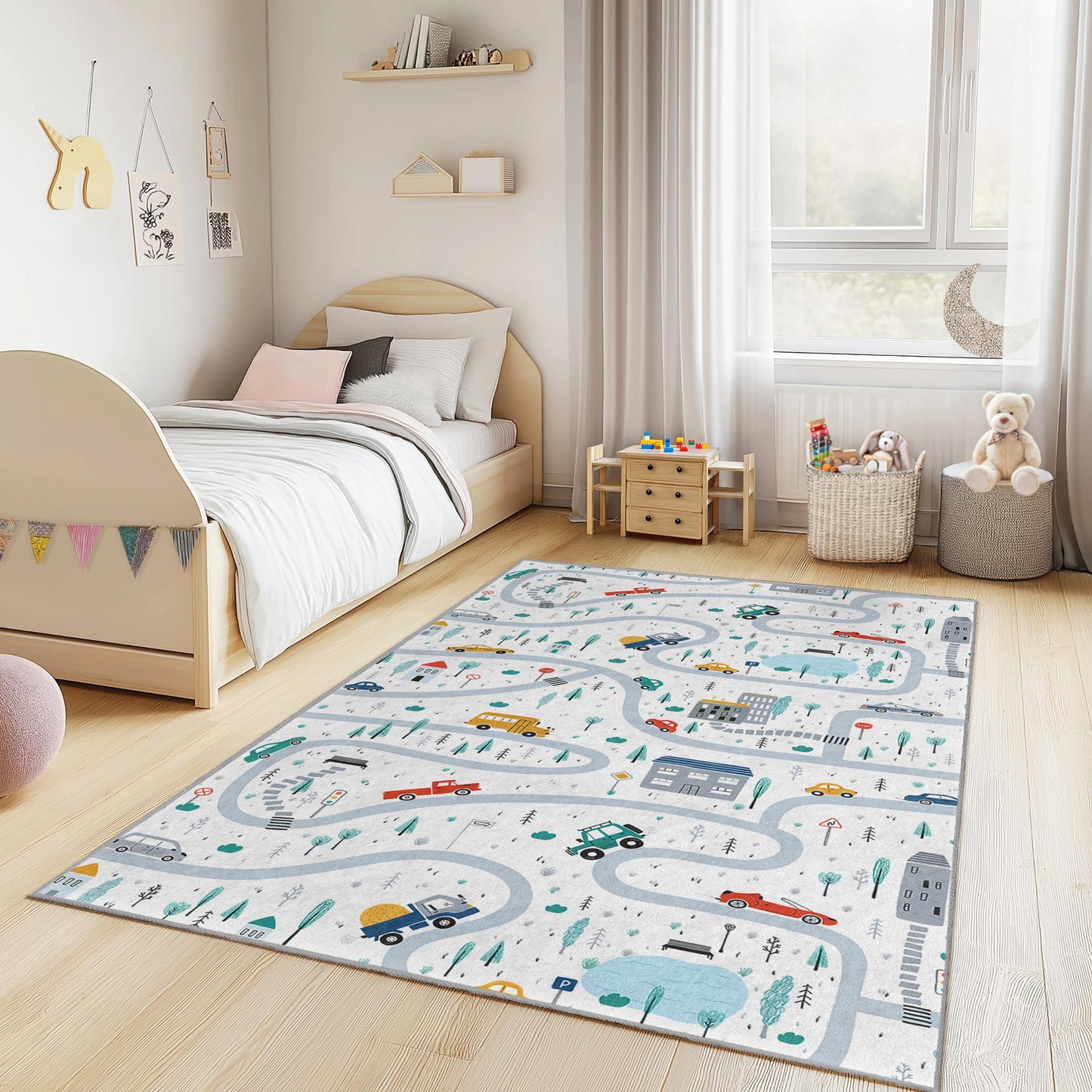 Vibrant Road Map Kids Rug, Playful Rectangle Play Mat, Childrens Room Carpet, Colorful Vehicle Design, Kids Playroom Decor