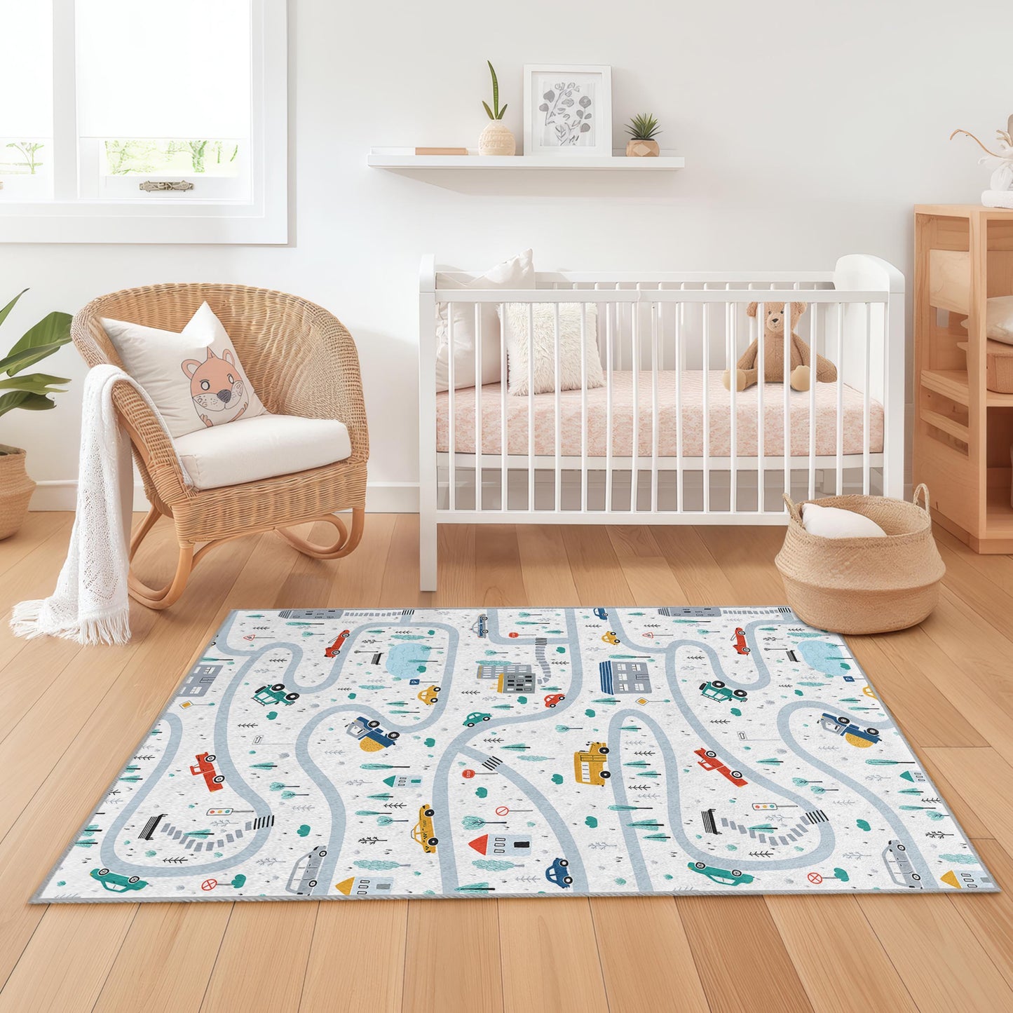 Vibrant Road Map Kids Rug, Playful Rectangle Play Mat, Childrens Room Carpet, Colorful Vehicle Design, Kids Playroom Decor