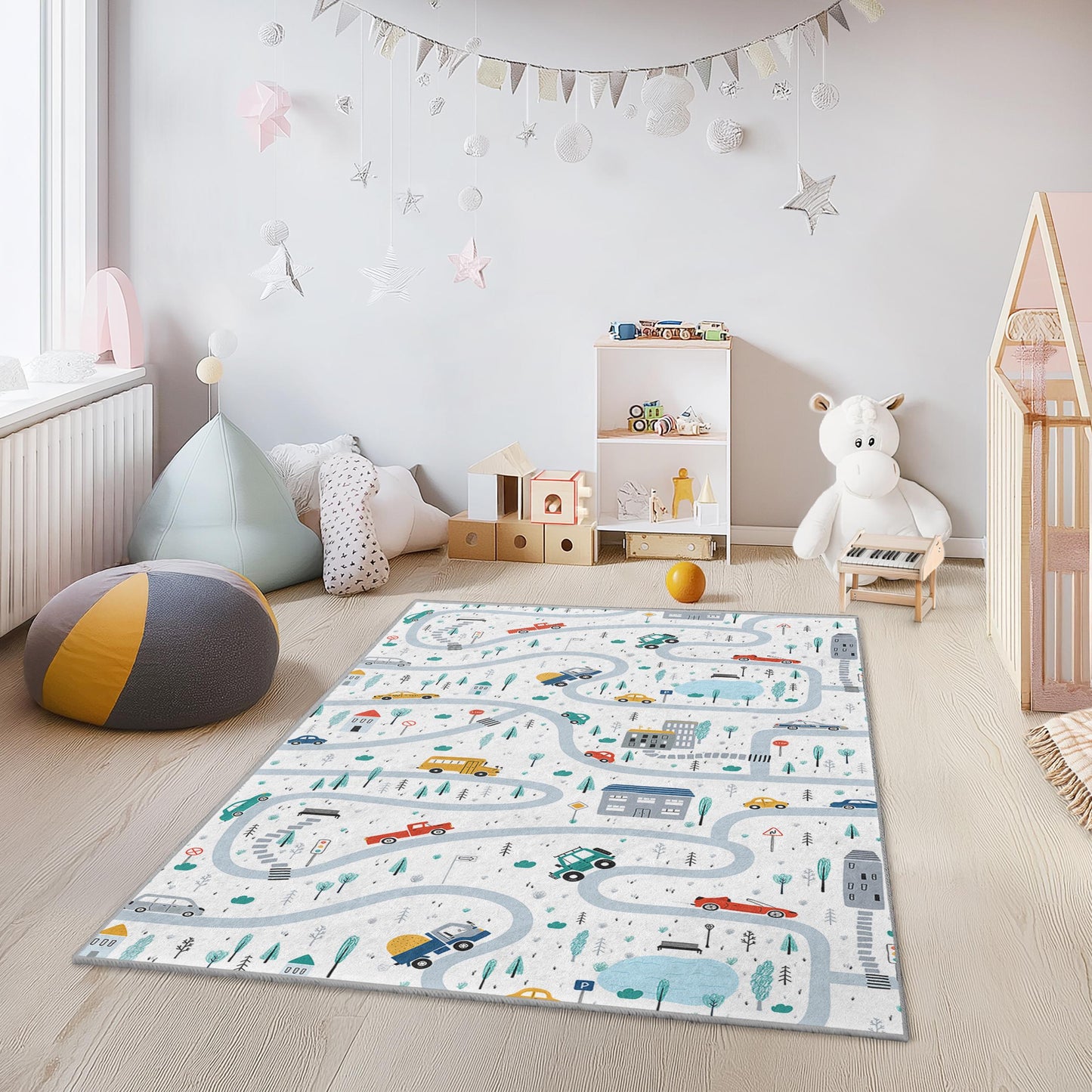 Vibrant Road Map Kids Rug, Playful Rectangle Play Mat, Childrens Room Carpet, Colorful Vehicle Design, Kids Playroom Decor