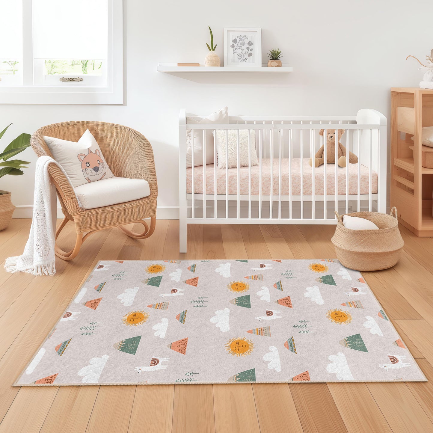 Mountain Sun Playful Kids Rug, Cute Animal Kids Carpet, Rectangular Nursery Rug, Colorful Kids Room Decor