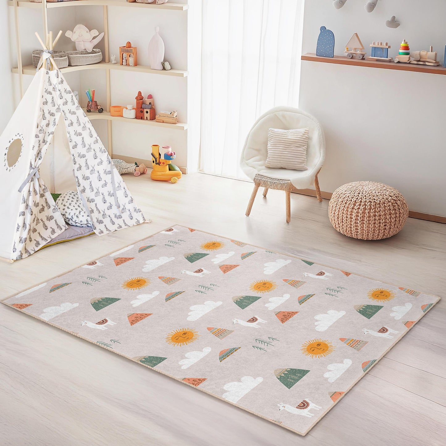Mountain Sun Playful Kids Rug, Cute Animal Kids Carpet, Rectangular Nursery Rug, Colorful Kids Room Decor