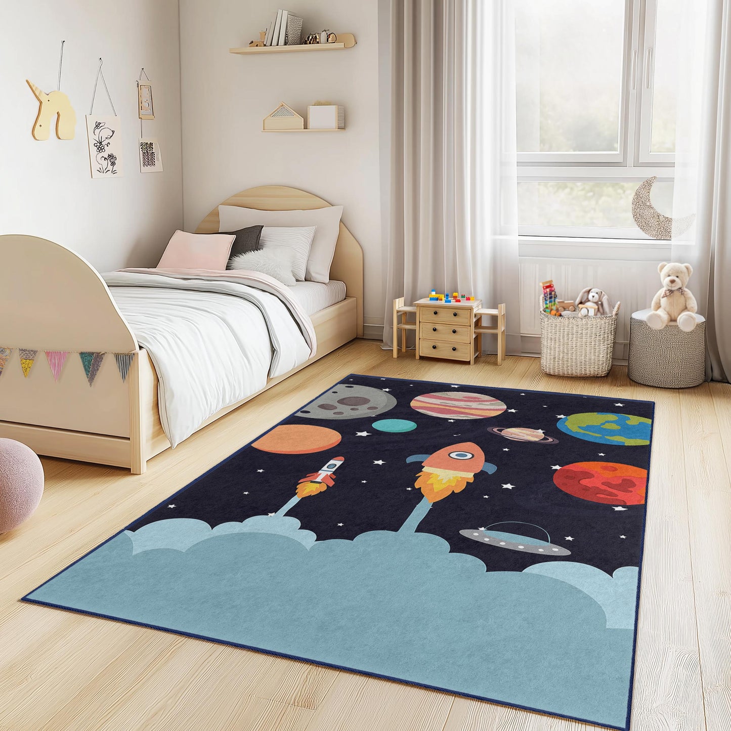 Outer Space Decor, Space Adventure Kids Rug, Rocket and Planet Play Mat, Rectangle Kids Room Carpet, , Nursery Rug