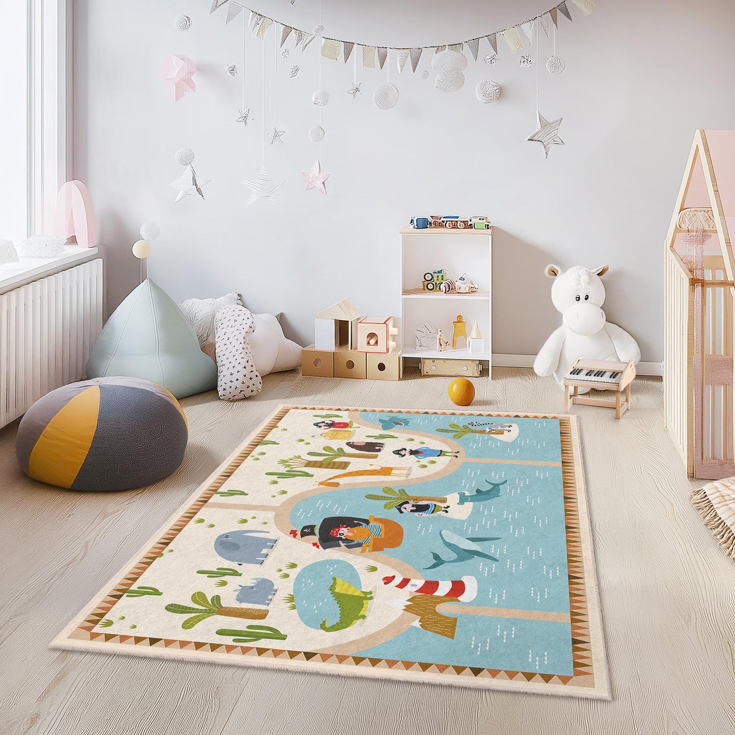 Adventure Island Kids Play Rug, Rectangular Kids Carpet, Playroom Decor, Safari Theme Rug, Soft Nursery Mat, Animal Adventure Rug