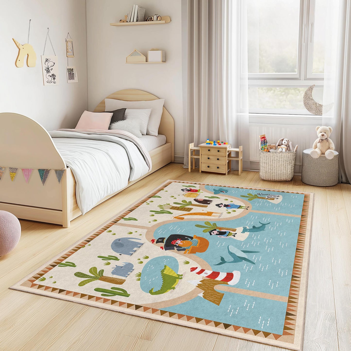 Adventure Island Kids Play Rug, Rectangular Kids Carpet, Playroom Decor, Safari Theme Rug, Soft Nursery Mat, Animal Adventure Rug