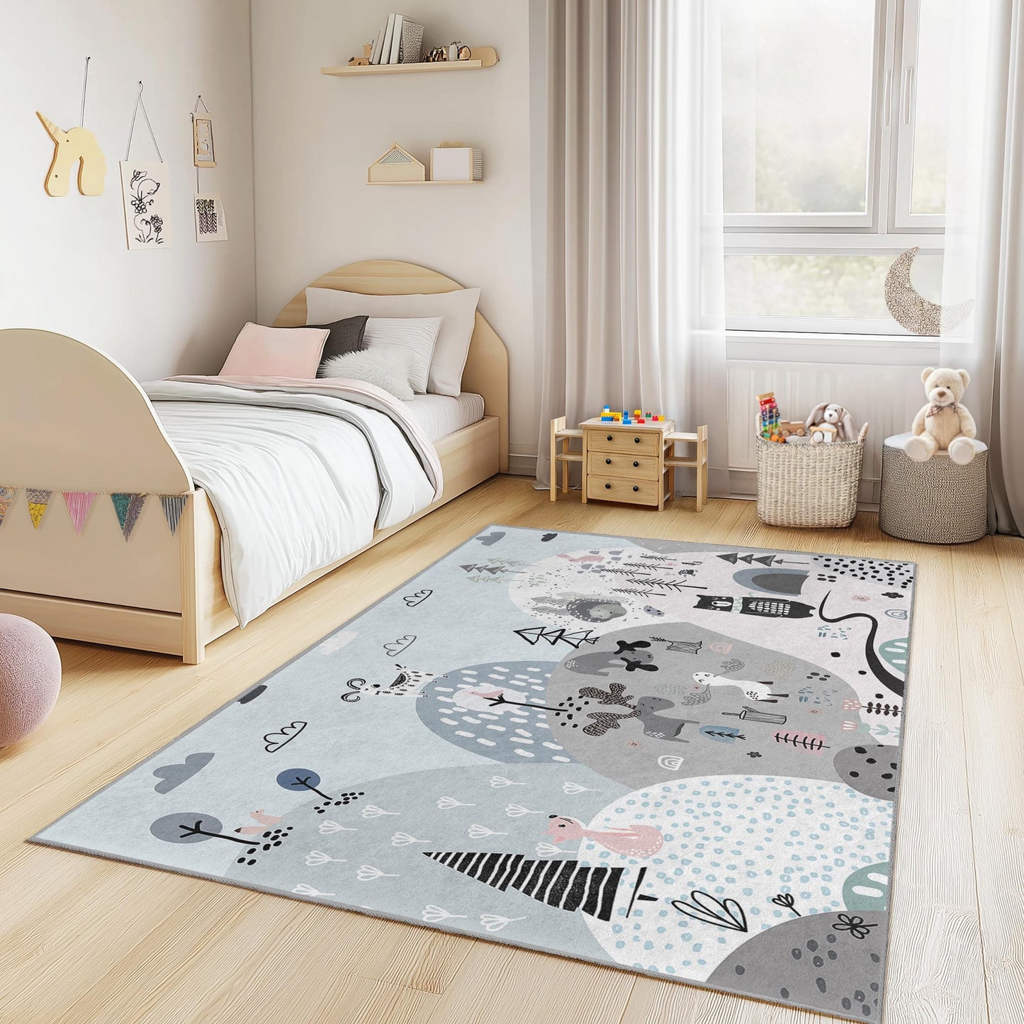 Forest Themed Kids Mat, Whimsical Tree and Animal Kids Rug, Rectangular Playroom Carpet, Modern Nursery Decor, Childrens Room Rug