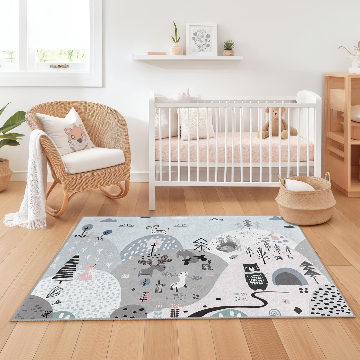 Forest Themed Kids Mat, Whimsical Tree and Animal Kids Rug, Rectangular Playroom Carpet, Modern Nursery Decor, Childrens Room Rug