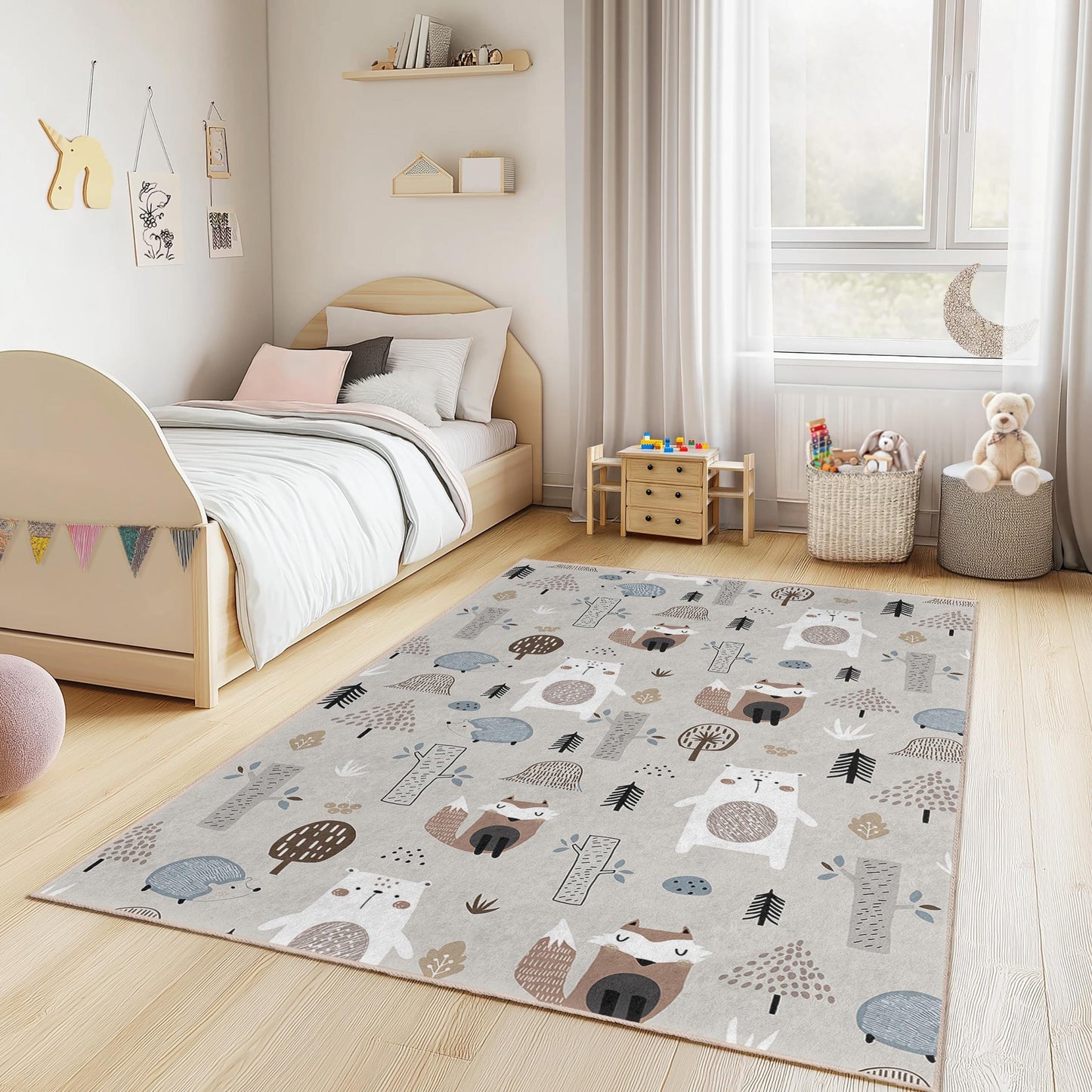 Woodland Themed Rug,Whimsical Forest Adventure Kids Play Rug,Cute Animal Pattern, Rectangular Kids Carpet,Nursery Decor, Woodland Themed Rug