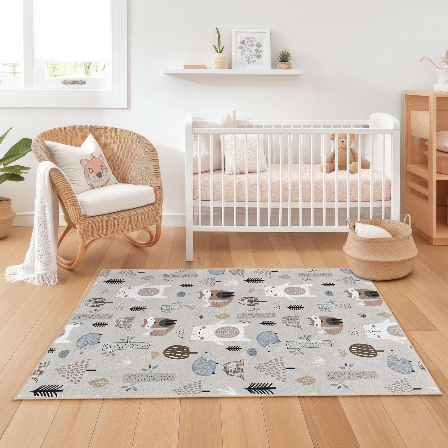 Woodland Themed Rug,Whimsical Forest Adventure Kids Play Rug,Cute Animal Pattern, Rectangular Kids Carpet,Nursery Decor, Woodland Themed Rug