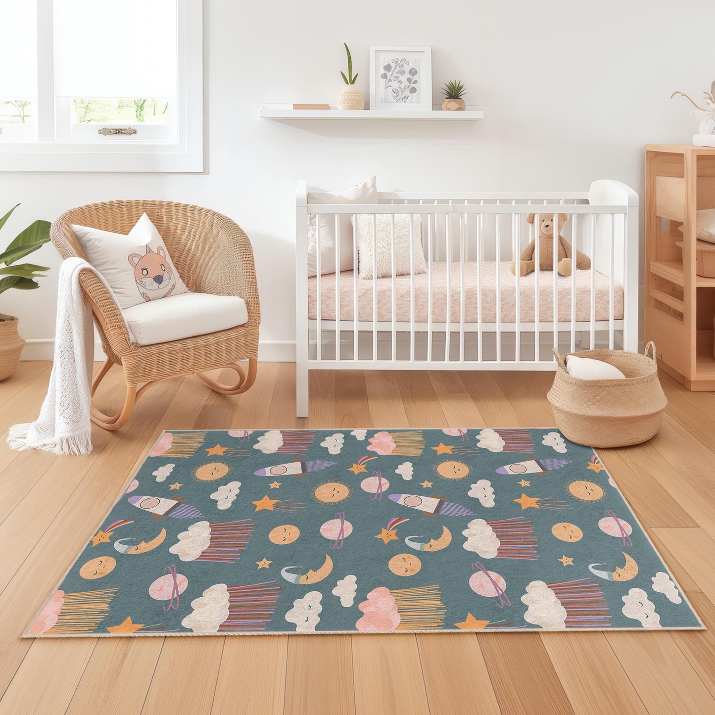 Playroom Carpet for Children,Whimsical Space Adventure Kids Rug, Rocket and Planet Rectangle Rug, Nursery Decor,