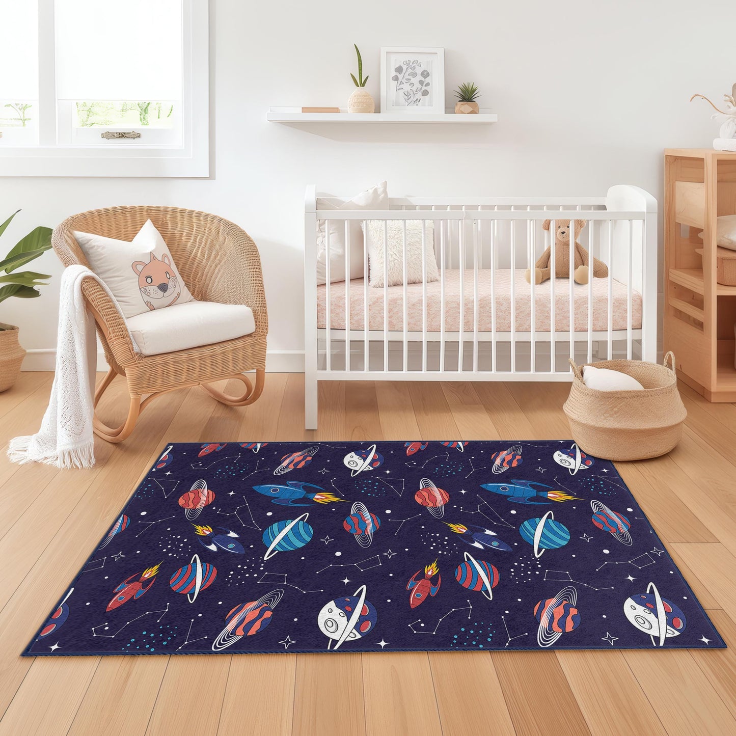 Space Adventure Kids Rug, Rocket and Planet Play Mat, Rectangle Childrens Carpet, Galaxy Theme Rug for Kids Room, Nursery Decor
