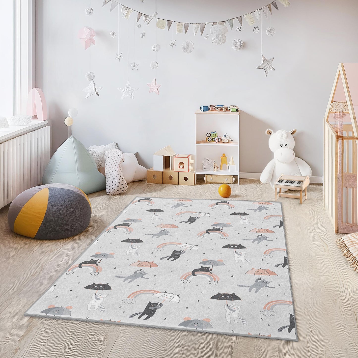 Cat Rainbow Play Rug, Cute Cat Pattern Kids Rug, Rectangular Kids Carpet, Playroom Decor, Soft Nursery Rug for Children