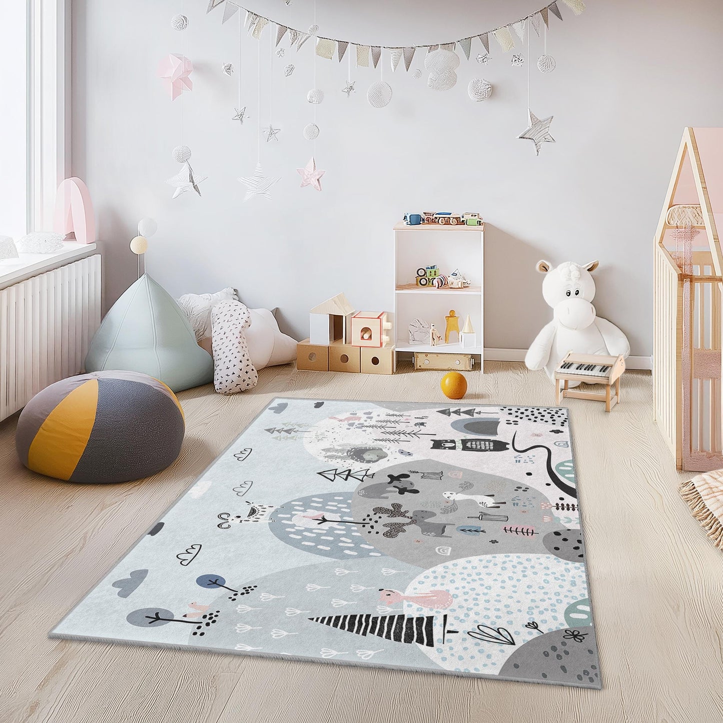 Forest Themed Kids Mat, Whimsical Tree and Animal Kids Rug, Rectangular Playroom Carpet, Modern Nursery Decor, Childrens Room Rug