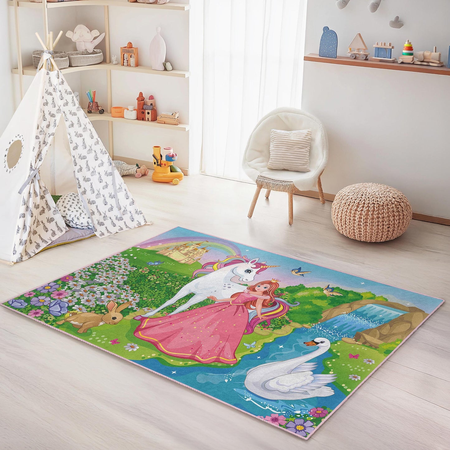 Magical Unicorn and Princess Kids Play Rug, Fairy Tale Rectangular Rug, Enchanted Landscape Carpet for Children's Room