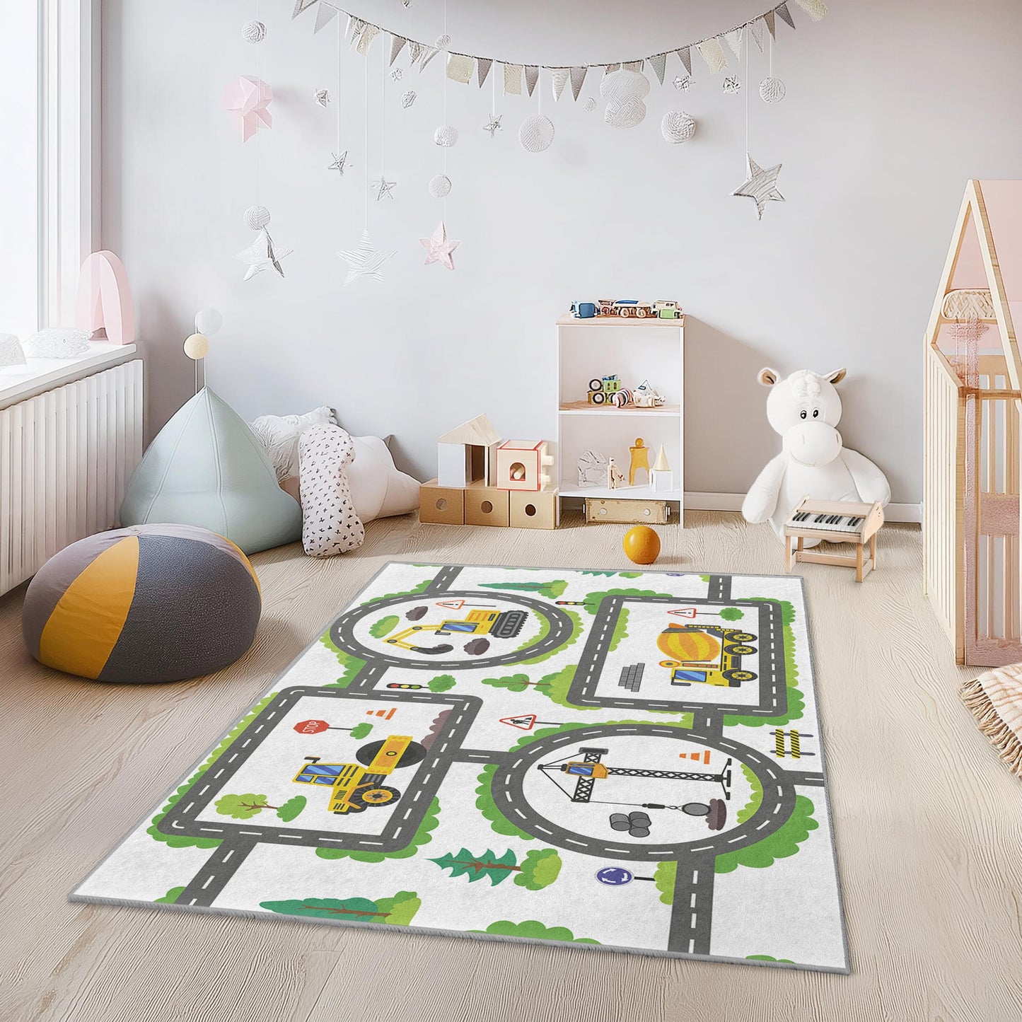Construction Zone Kids Play Rug, Road Map Rug for Children, Interactive Play Mat for Kids Room, Rectangle Kids Carpet