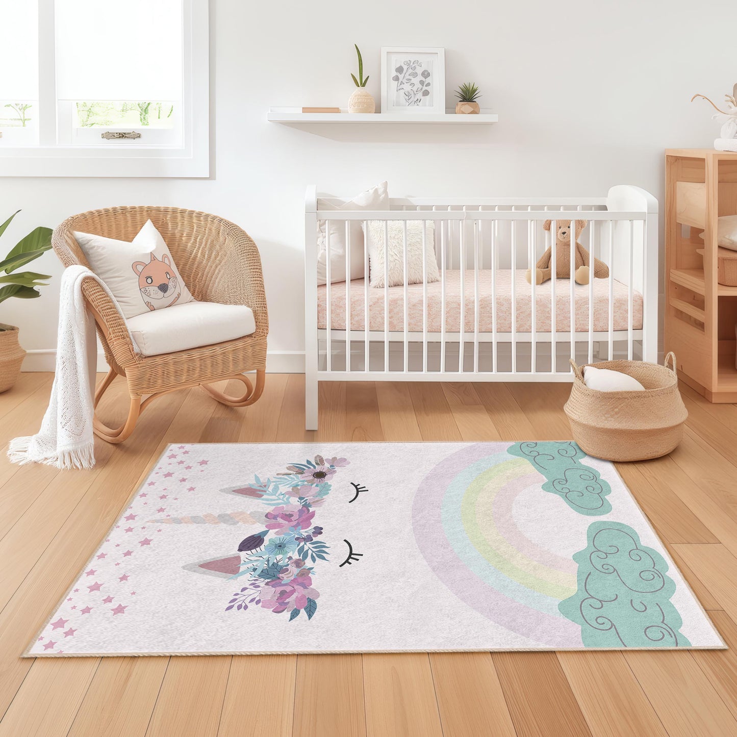 Whimsical Unicorn Kids Rug, Rainbow Theme Play Mat, Rectangle Children's Carpet, Nursery Decor, Flower Design Play Rug