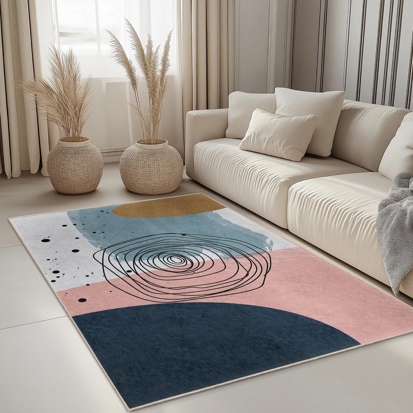 Unique Geometric Design |Modern Abstract Rectangular Area Rug | Stylish Living Room Carpet | Soft Cotton Non-Slip Mat