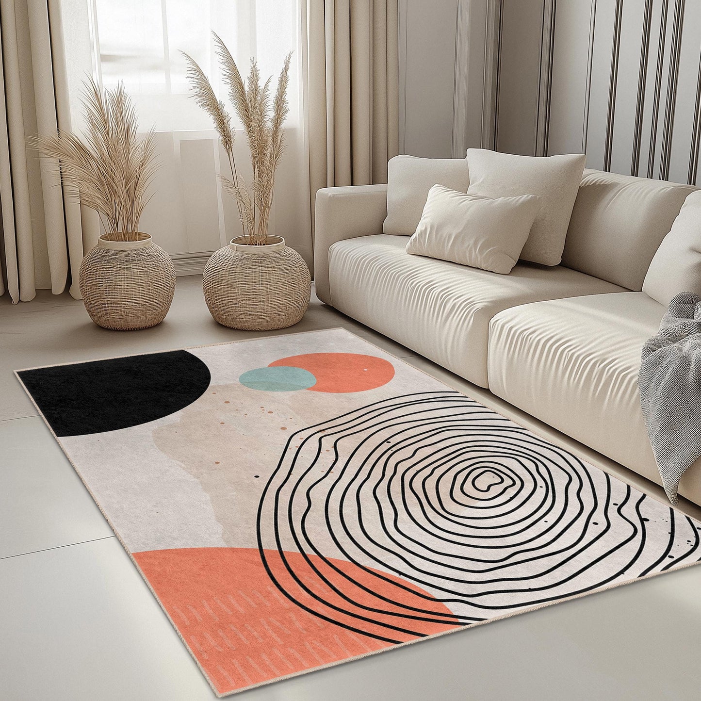 Easy Clean Decorative Mat | Abstract Geometric Pattern Rectangular Area Rug | Modern Living Room Carpet | Soft Cotton Floor Covering