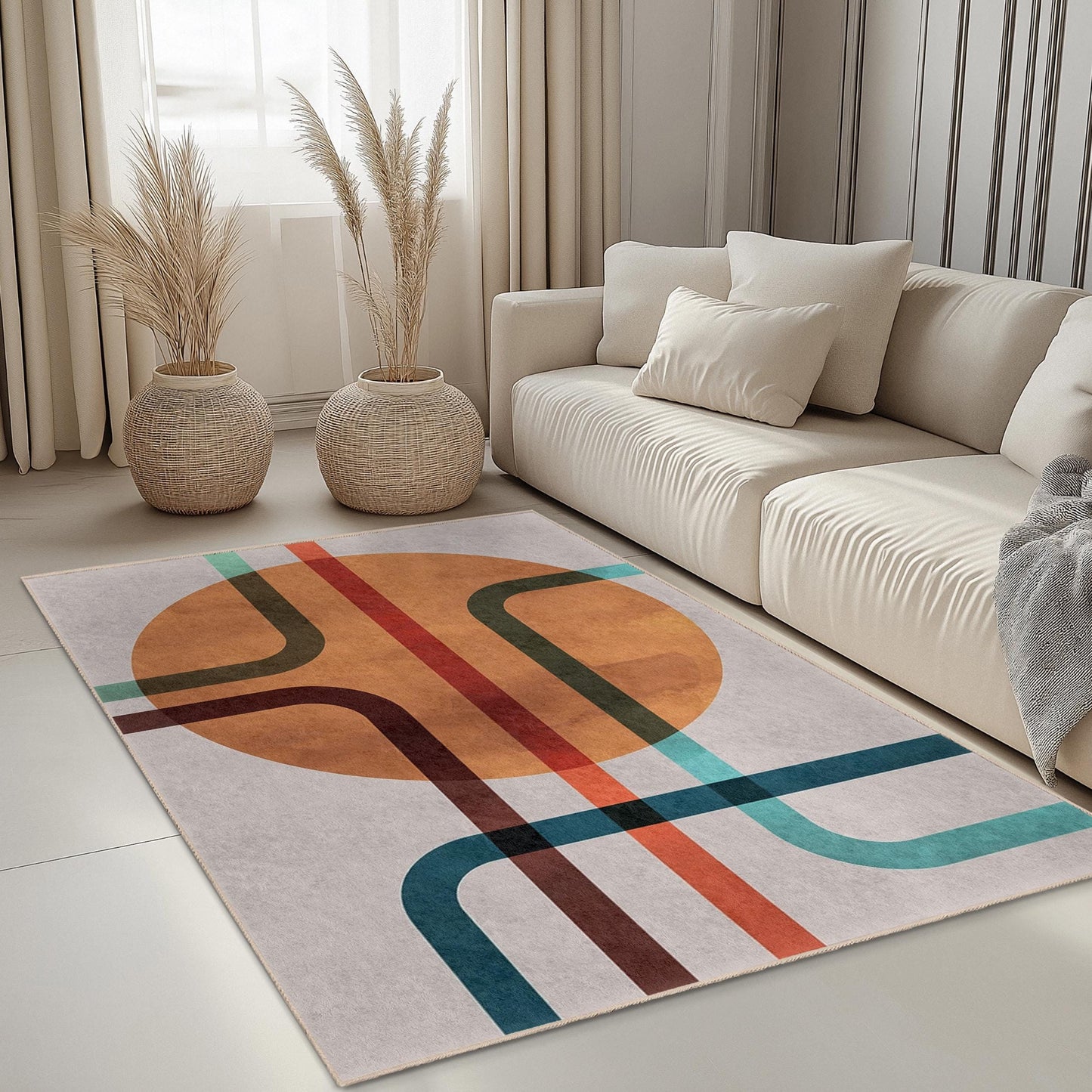 Stylish Home Decor Accent | Abstract Line Pattern Rectangular Area Rug | Modern Living Room Carpet | Easy Clean Decorative Mat
