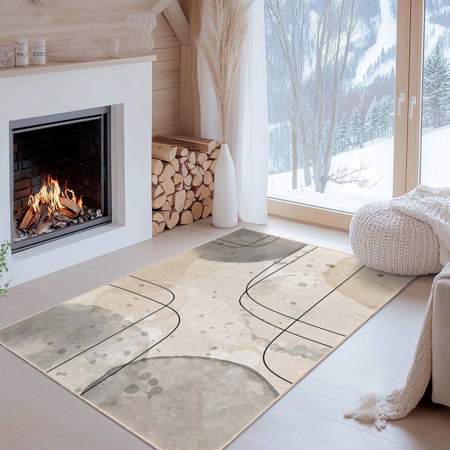 Modern Living Room Carpet | Abstract Line Pattern Rectangle Area Rug | Easy Clean Soft Rug | Stylish Home Decor