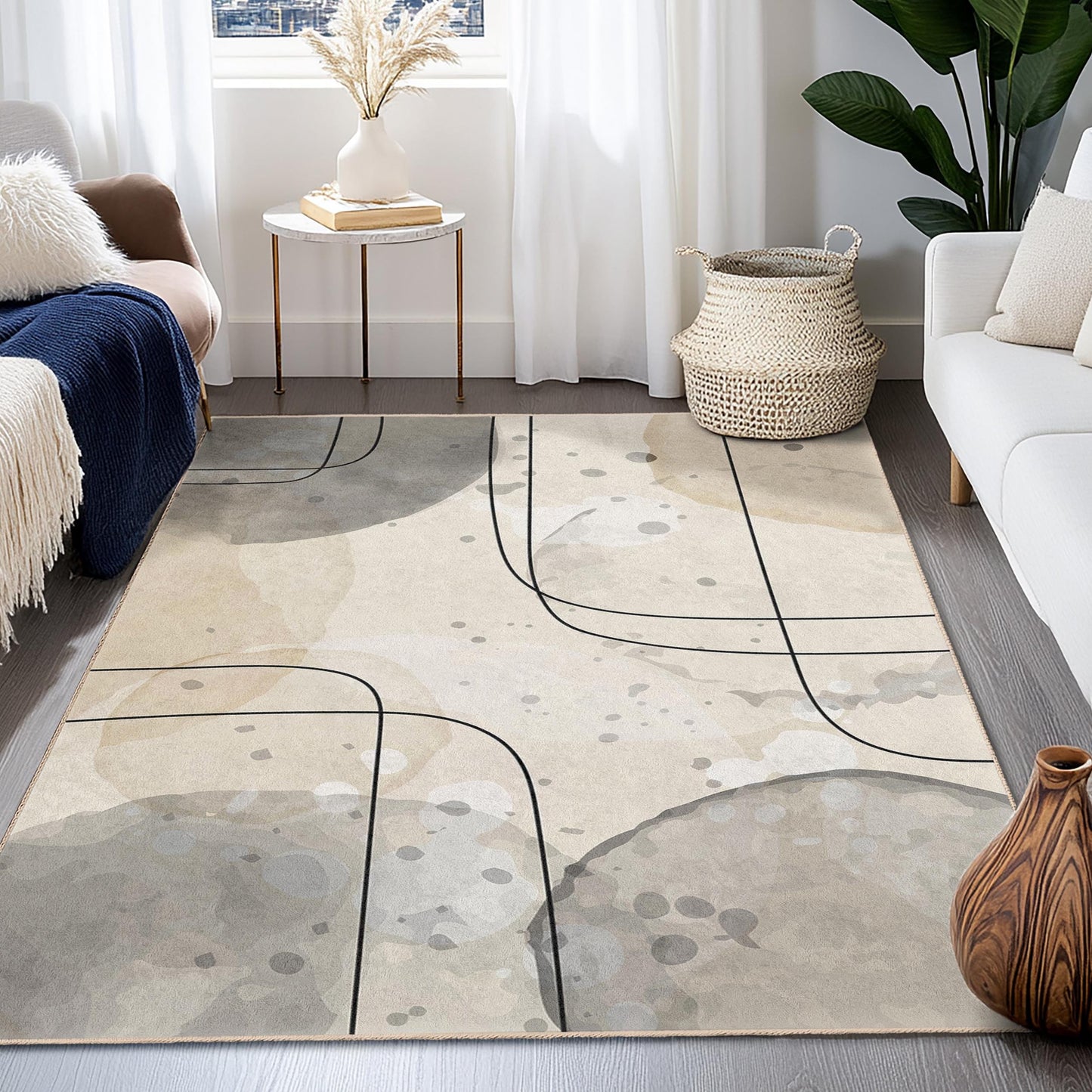 Modern Living Room Carpet | Abstract Line Pattern Rectangle Area Rug | Easy Clean Soft Rug | Stylish Home Decor