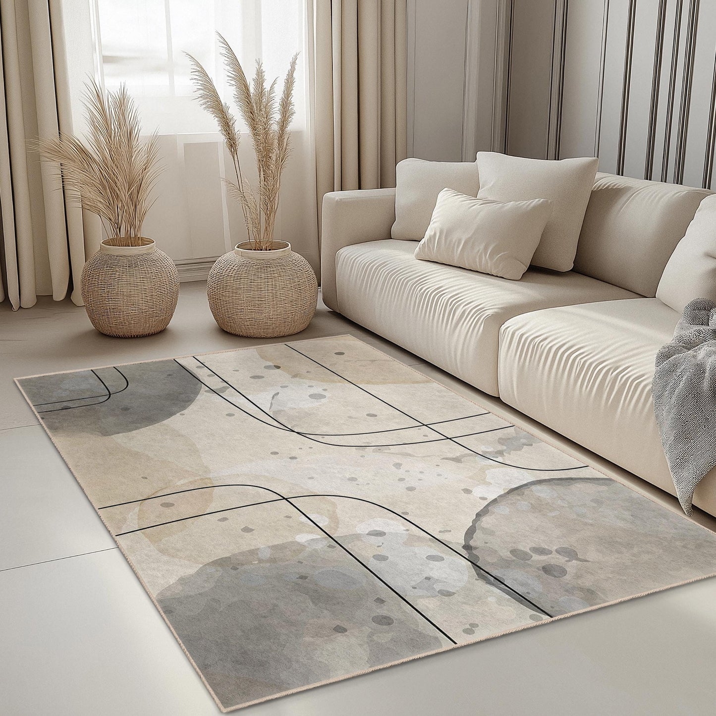 Modern Living Room Carpet | Abstract Line Pattern Rectangle Area Rug | Easy Clean Soft Rug | Stylish Home Decor