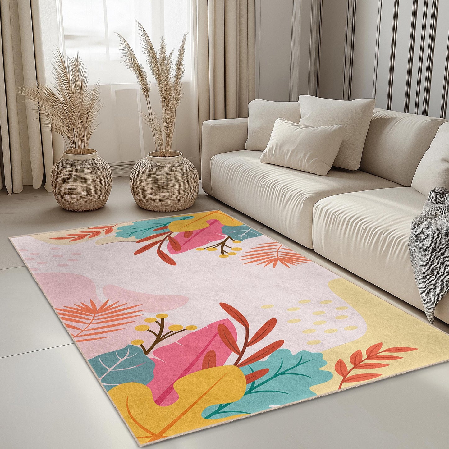 Leaf Pattern Rectangular Area Rug | Easy Clean Living Room Carpet | Floral Design Home Decor | Stylish Leaf Print Mat