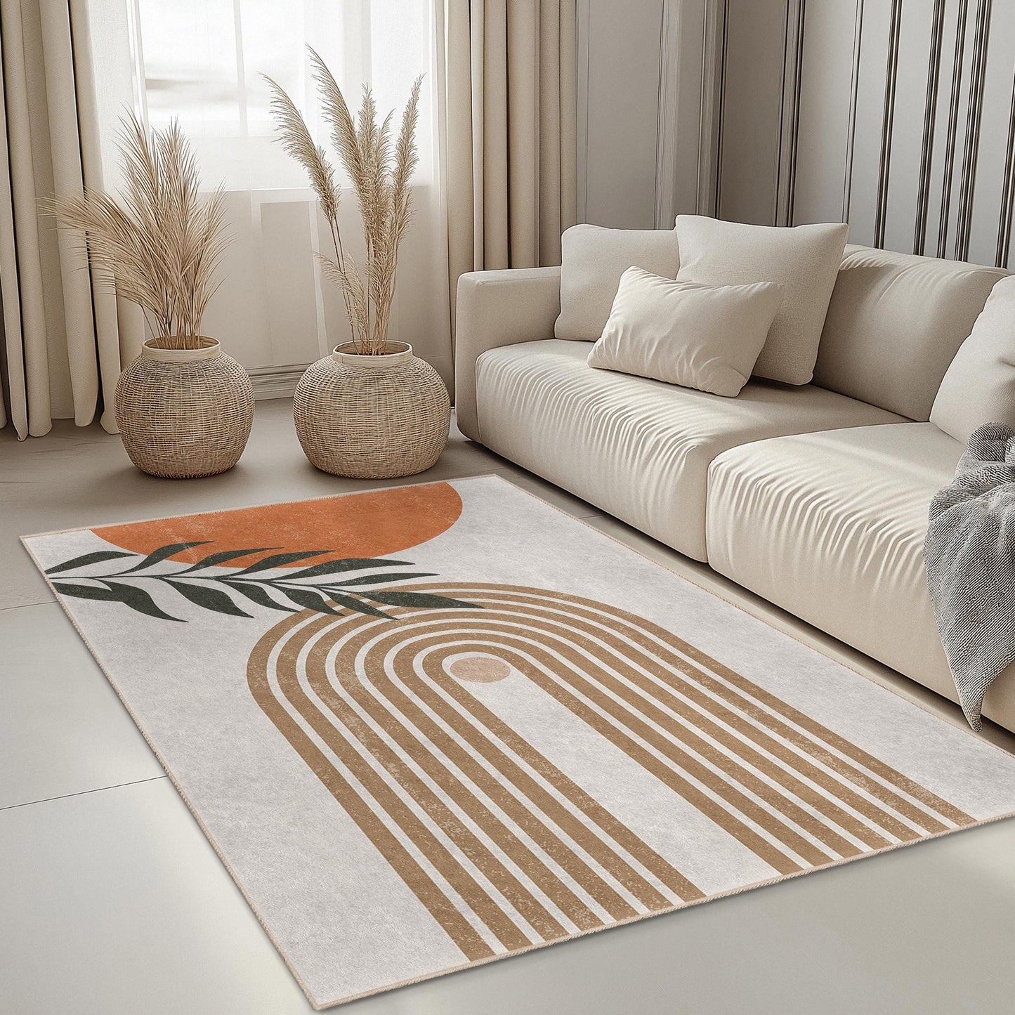 Leafy Line Art Area Rug: Modern Cotton Living Room Carpet