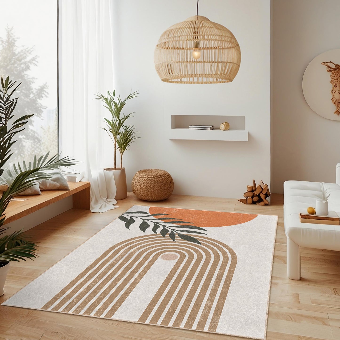 Leafy Line Art Area Rug: Modern Cotton Living Room Carpet