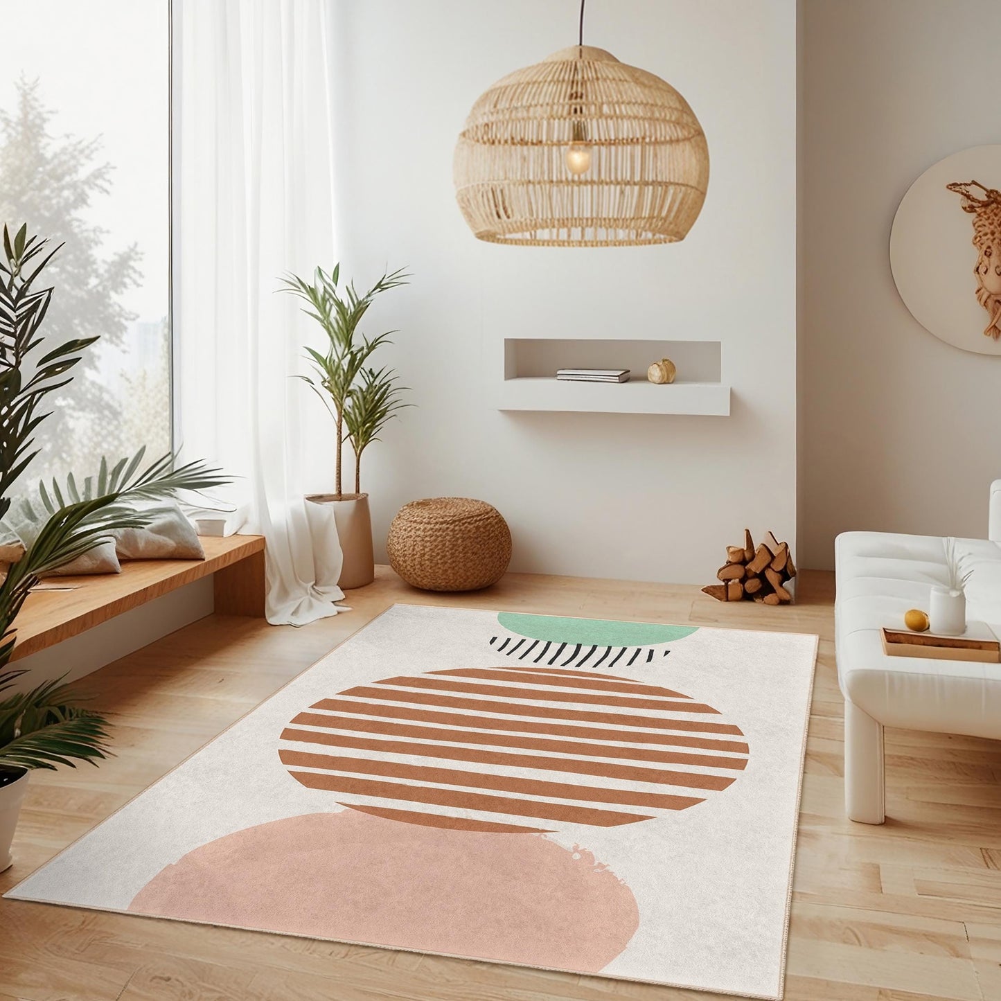Striped Circle Pattern Rectangle Area Rug | Modern Decorative Carpet for Living Room | Stylish Home Dcor | Soft Cotton Floor Mat