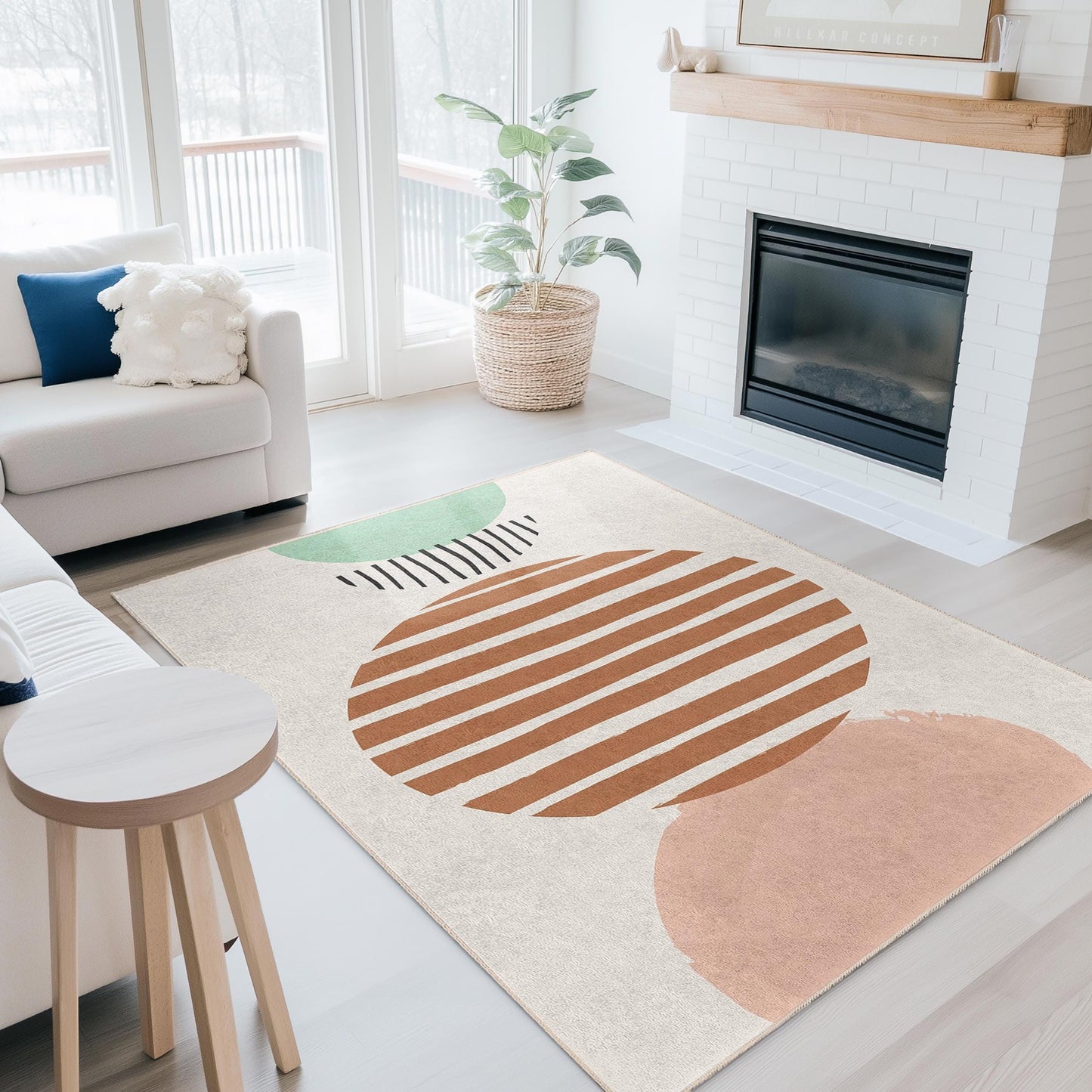 Striped Circle Pattern Rectangle Area Rug | Modern Decorative Carpet for Living Room | Stylish Home Dcor | Soft Cotton Floor Mat