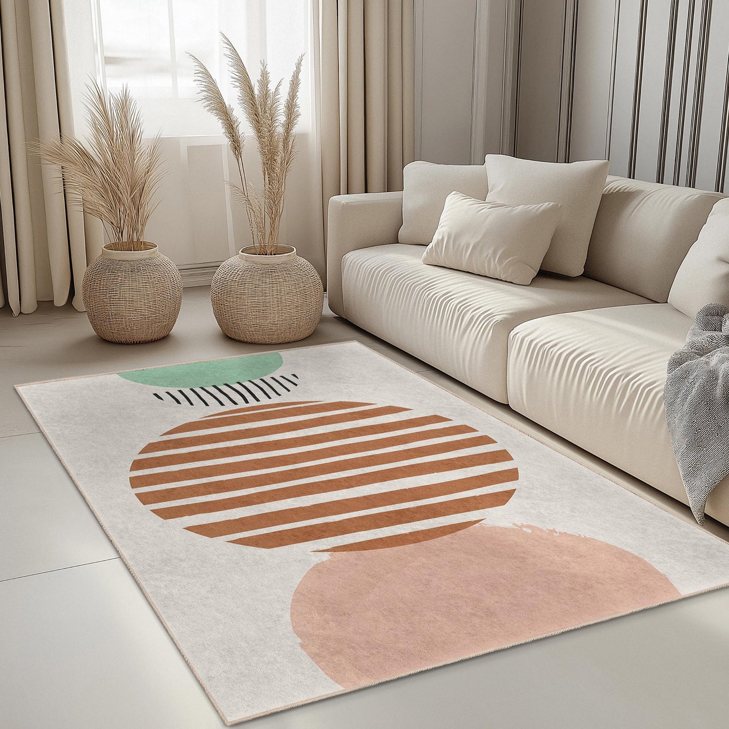 Striped Circle Pattern Rectangle Area Rug | Modern Decorative Carpet for Living Room | Stylish Home Dcor | Soft Cotton Floor Mat