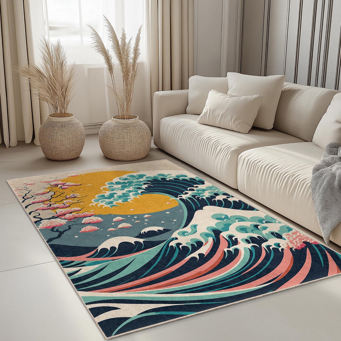 Nature Inspired Decorative Area Rug | Wave Pattern | Modern Rectangular Carpet for Living Room