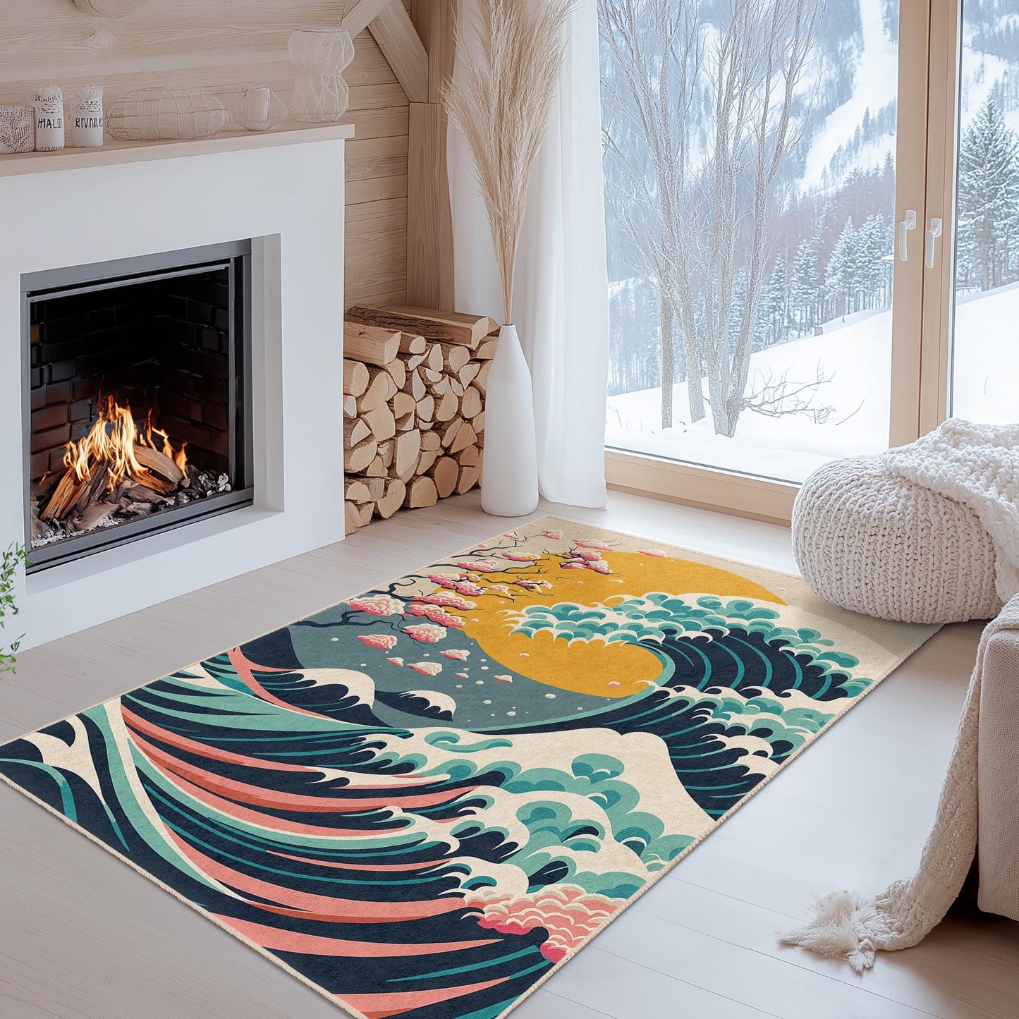 Nature Inspired Decorative Area Rug | Wave Pattern | Modern Rectangular Carpet for Living Room