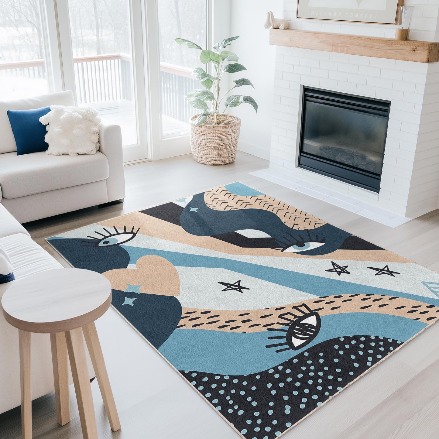 Abstract Eye Pattern Rectangular Area Rug | Modern Decorative Living Room Carpet | Soft Cotton Floor Mat | Stylish Home Decor