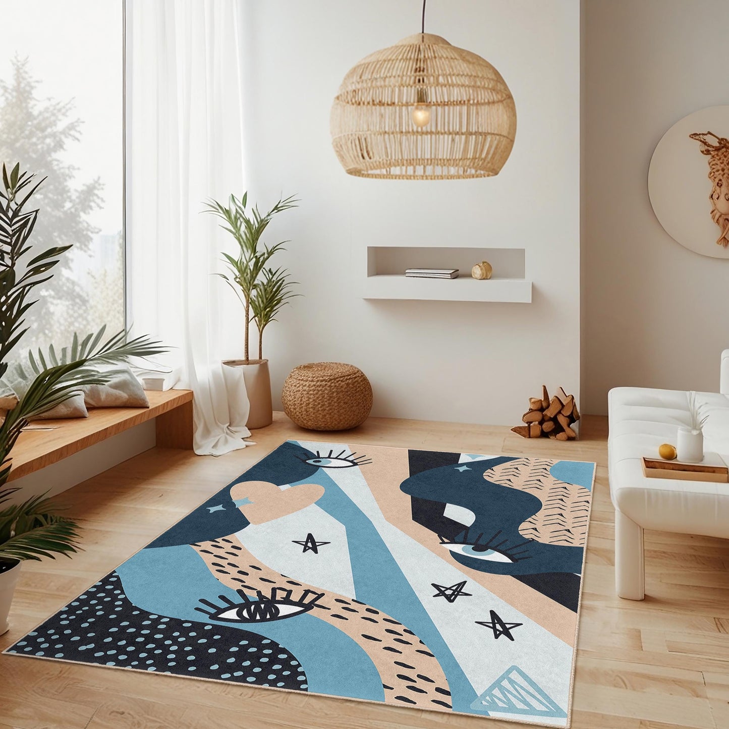 Abstract Eye Pattern Rectangular Area Rug | Modern Decorative Living Room Carpet | Soft Cotton Floor Mat | Stylish Home Decor