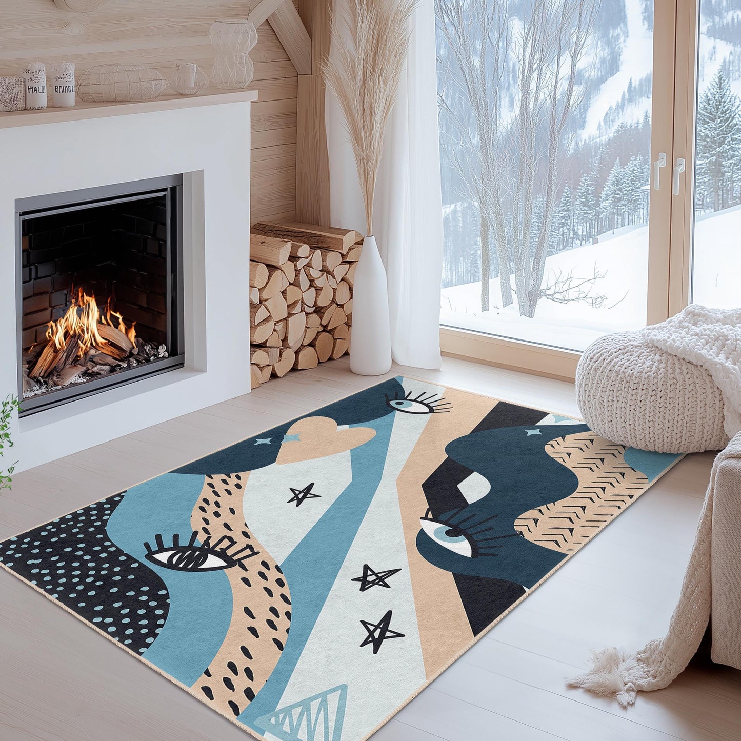 Abstract Eye Pattern Rectangular Area Rug | Modern Decorative Living Room Carpet | Soft Cotton Floor Mat | Stylish Home Decor