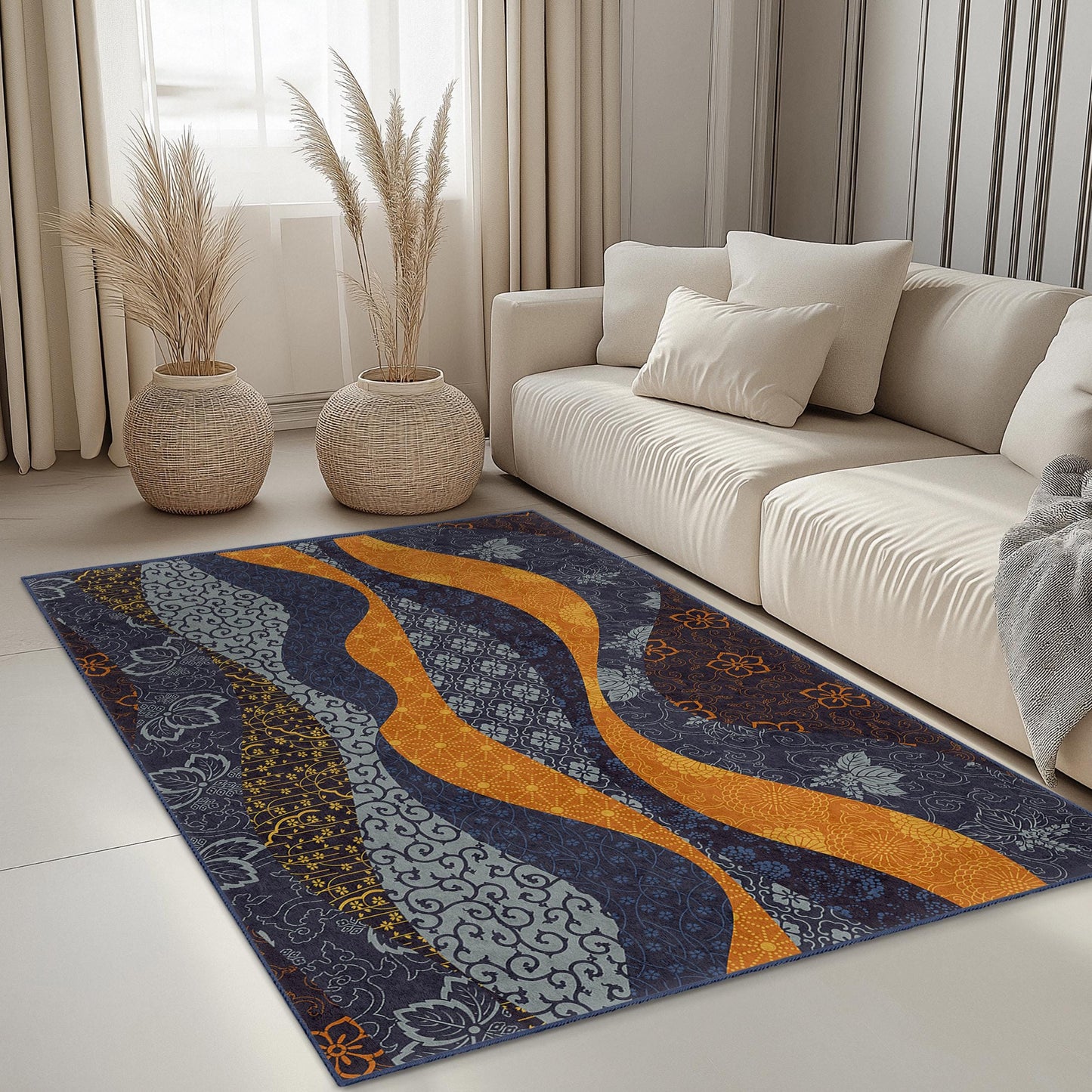 Wave Pattern Decorative Rectangular Area Rug | Modern Living Room Carpet | Soft Cotton Floor Mat | Stylish Home Decor
