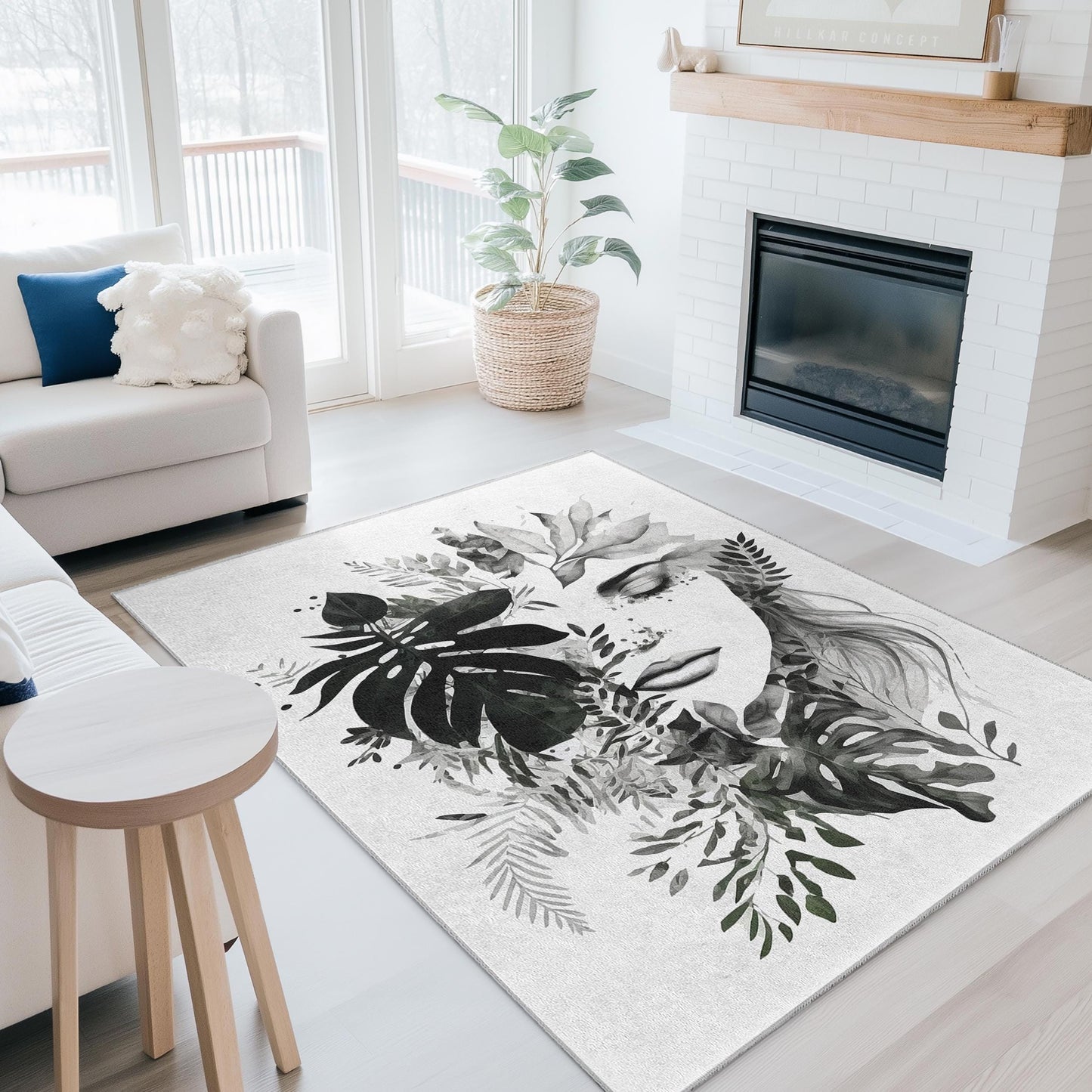 Elegant Botanical Face Design Rectangular Rug | Modern Living Room Decor | Stylish Printed Area Carpet | Unique Home Accent