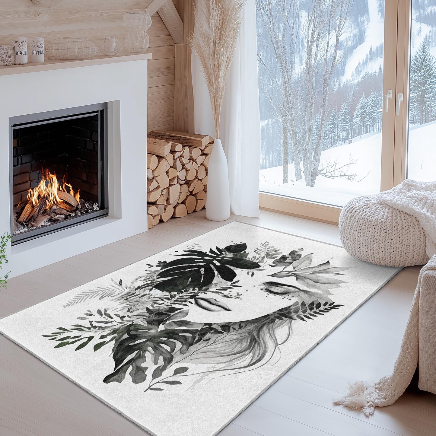 Elegant Botanical Face Design Rectangular Rug | Modern Living Room Decor | Stylish Printed Area Carpet | Unique Home Accent
