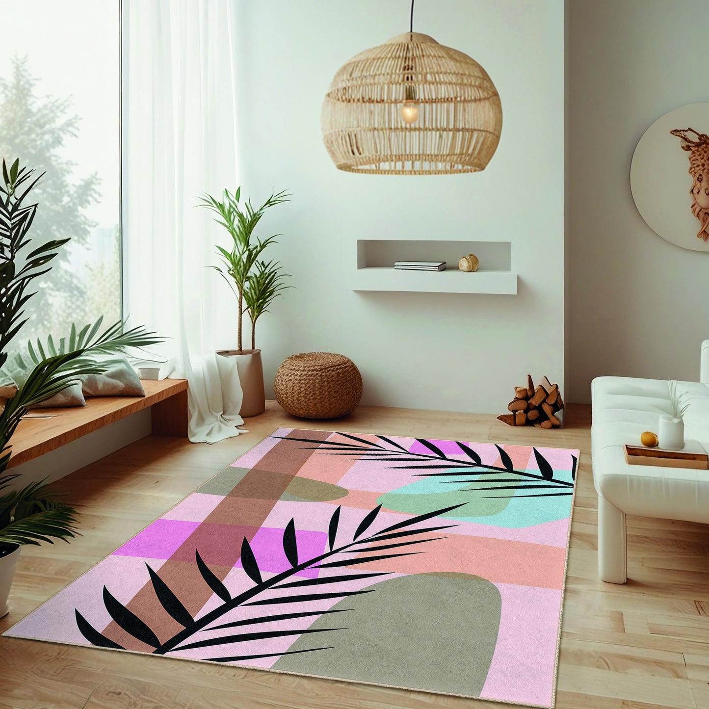 Abstract Palm Leaf Design Rectangular Area Rug | Modern Home Decor Carpet | Chic Living Room Floor Mat | Stylish Decorative Rug