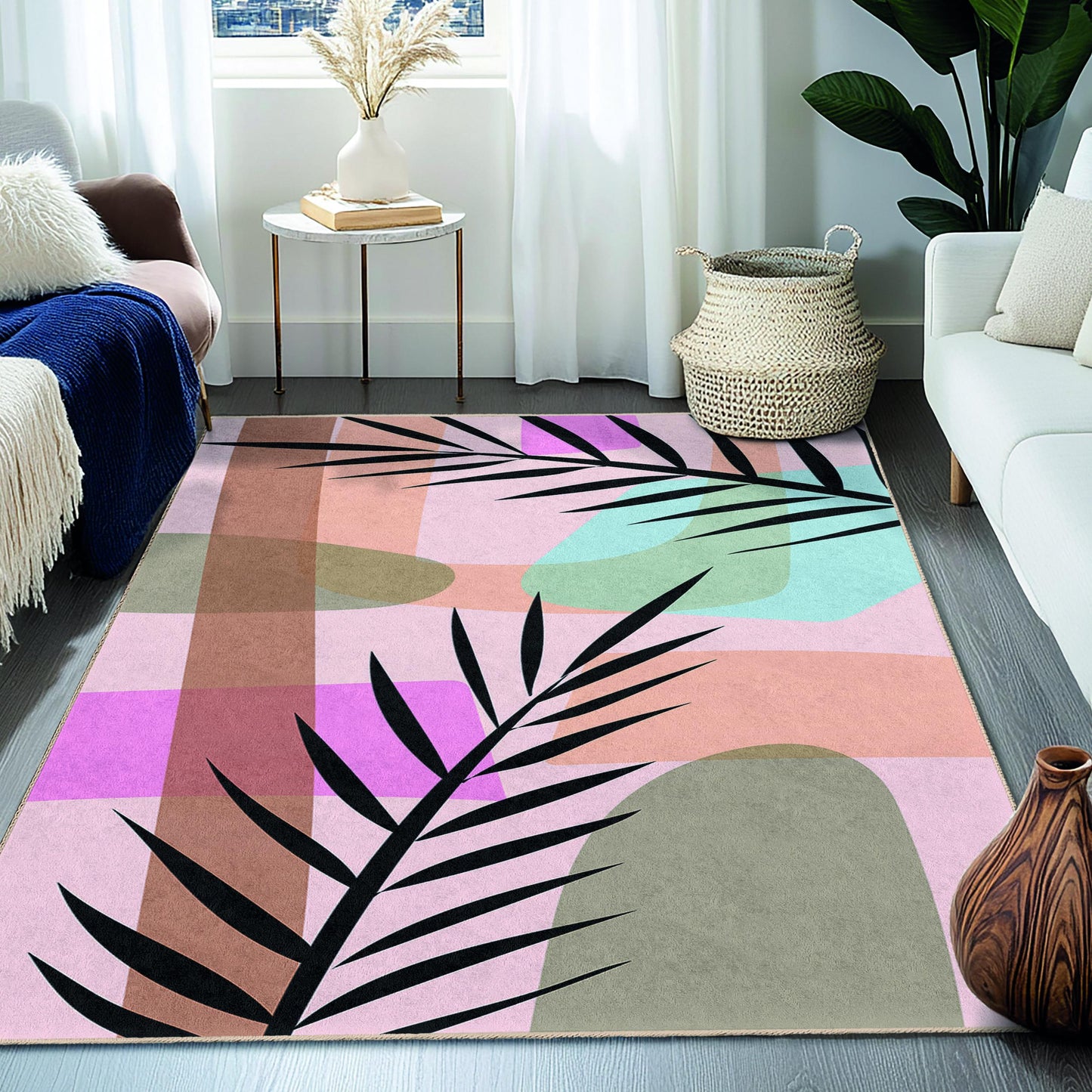Abstract Palm Leaf Design Rectangular Area Rug | Modern Home Decor Carpet | Chic Living Room Floor Mat | Stylish Decorative Rug