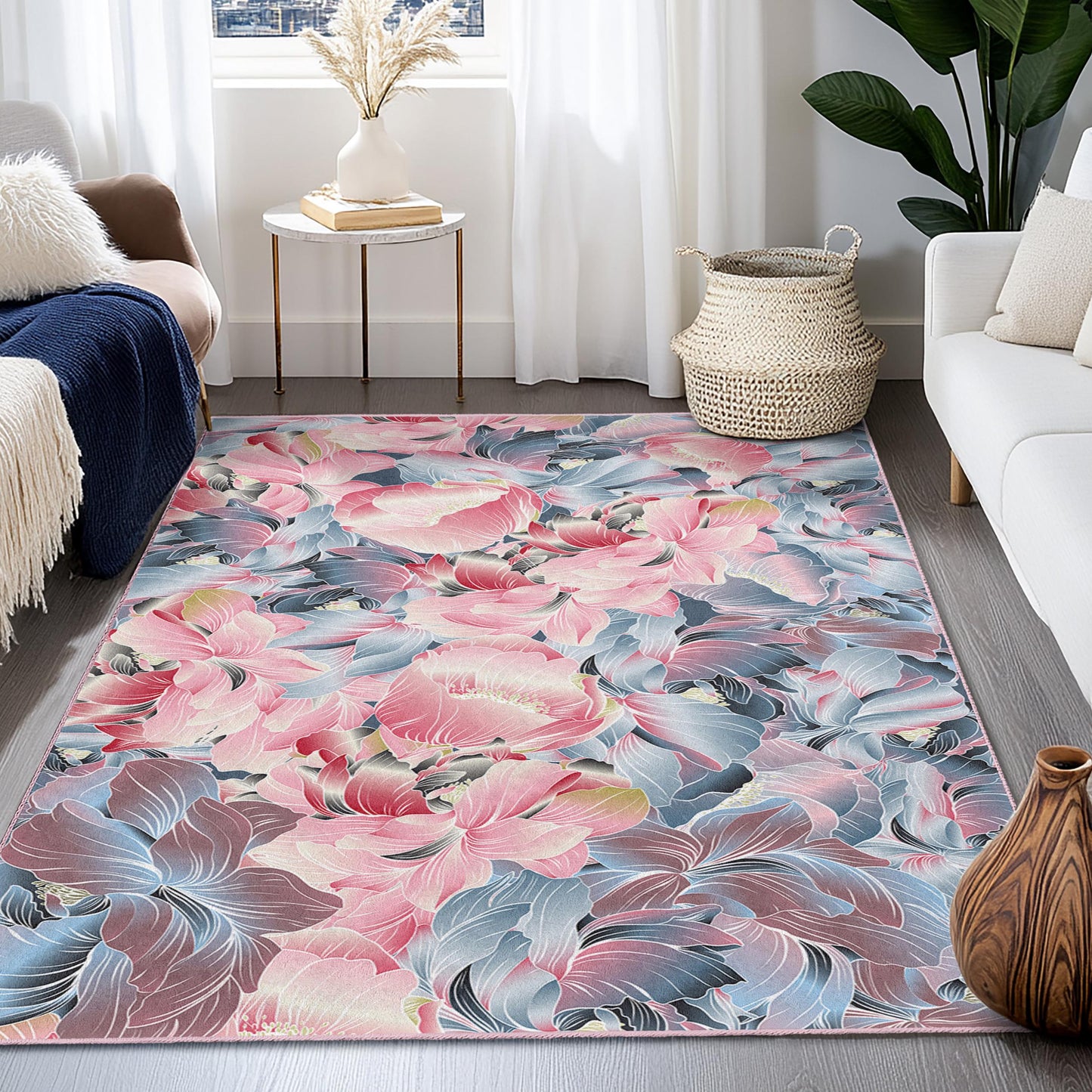 Floral Design Rectangular Area Rug | Elegant Living Room Carpet | Soft Cotton Decorative Mat | Vibrant Flower Pattern Rug