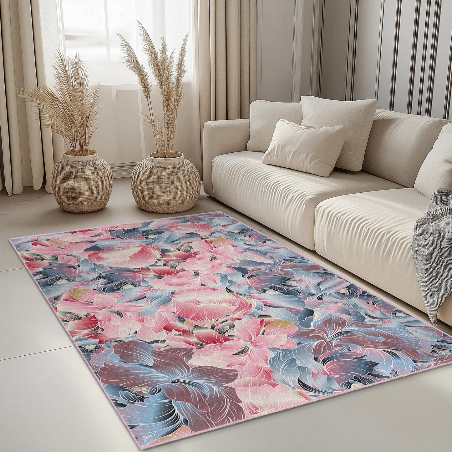 Floral Design Rectangular Area Rug | Elegant Living Room Carpet | Soft Cotton Decorative Mat | Vibrant Flower Pattern Rug