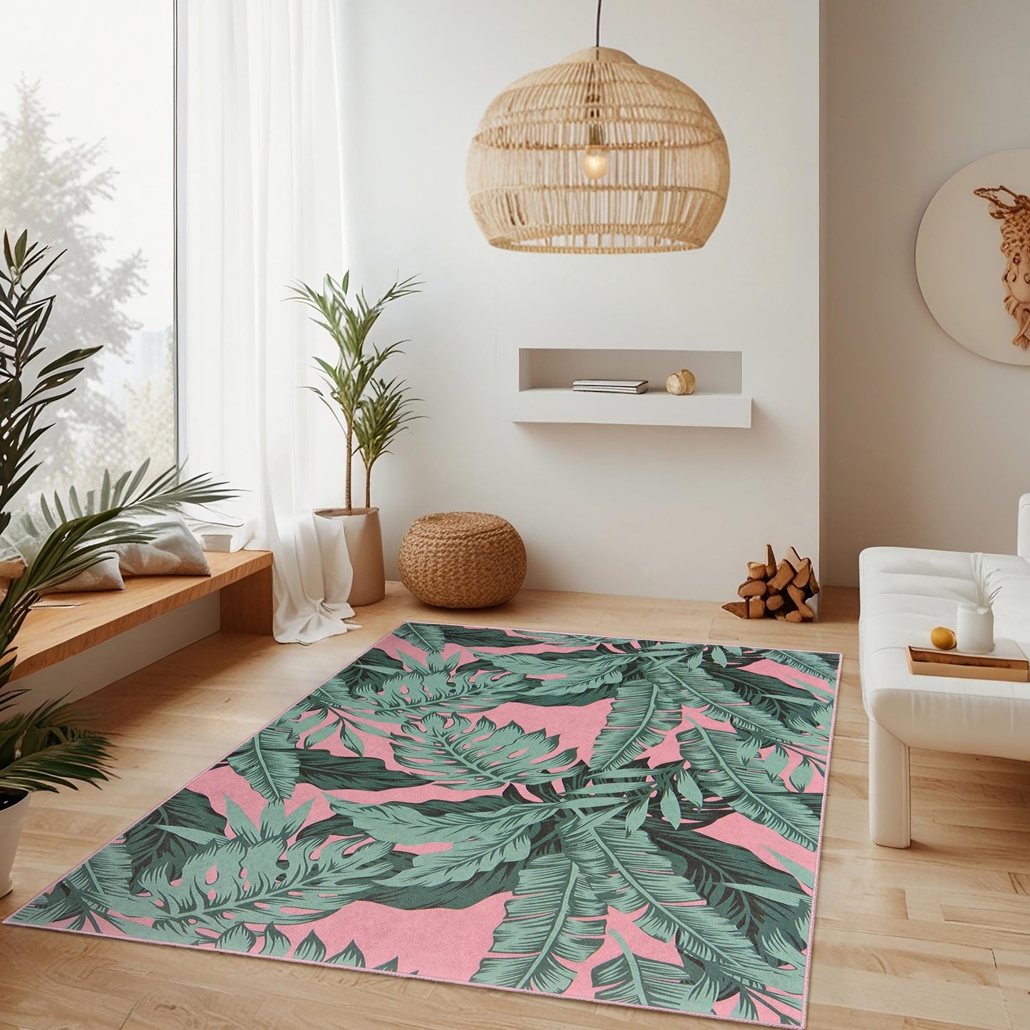 Tropical Leaf Print Decorative Rectangular Area Rug | Stylish Living Room Carpet | Soft and Washable Home Decor
