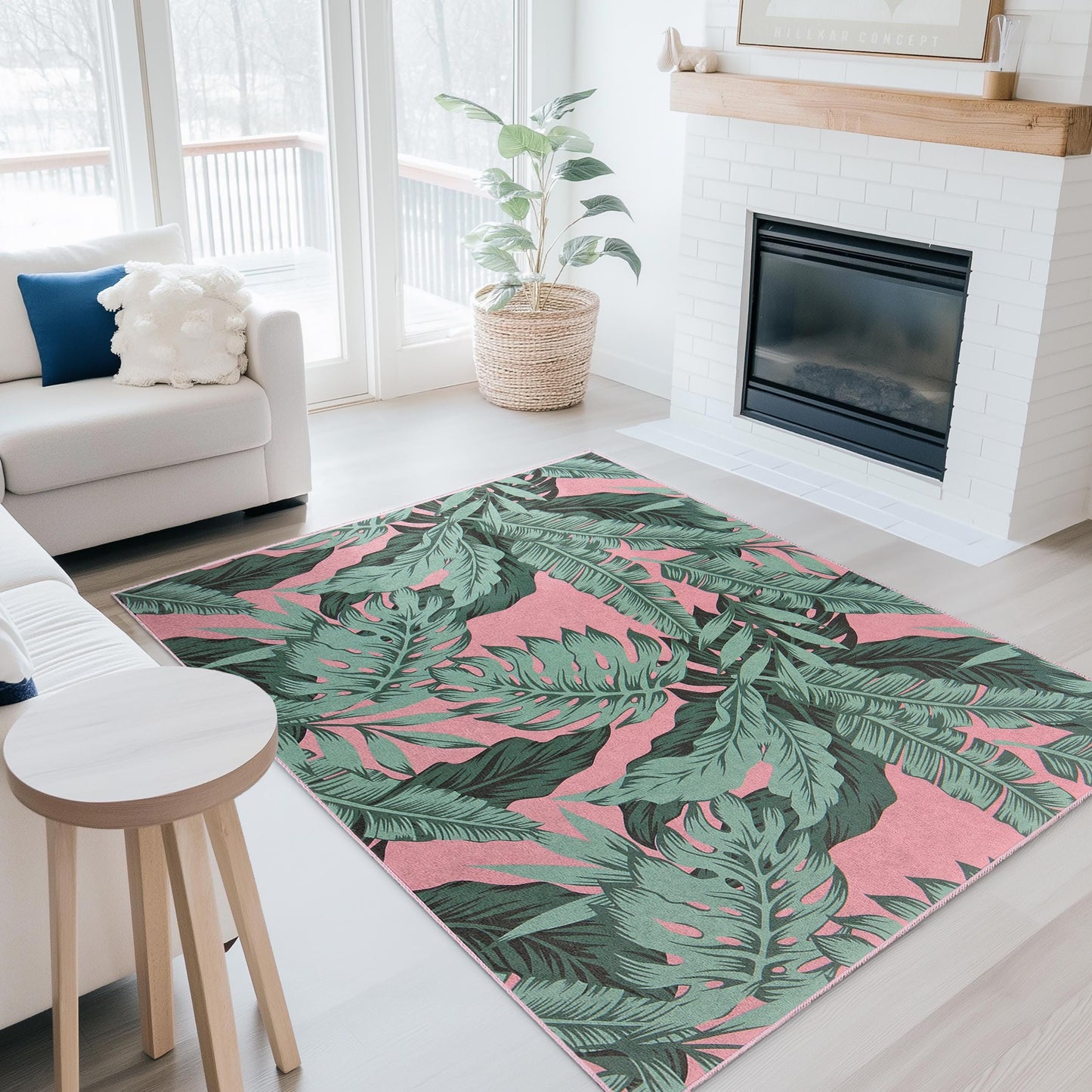 Tropical Leaf Print Decorative Rectangular Area Rug | Stylish Living Room Carpet | Soft and Washable Home Decor