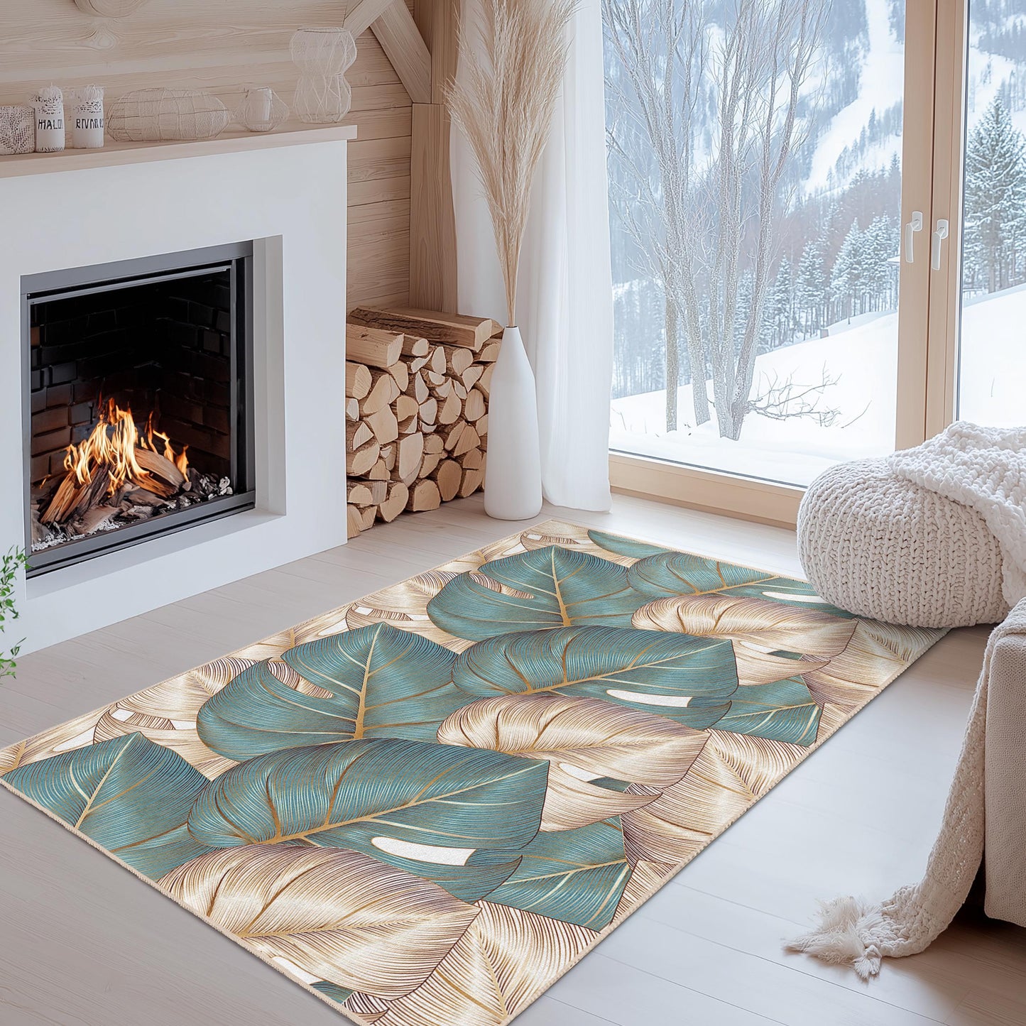 Tropical Inspired Living Room Carpet | Elegant Leaf Pattern Rectangular Area Rug | Soft Decorative Floor Mat