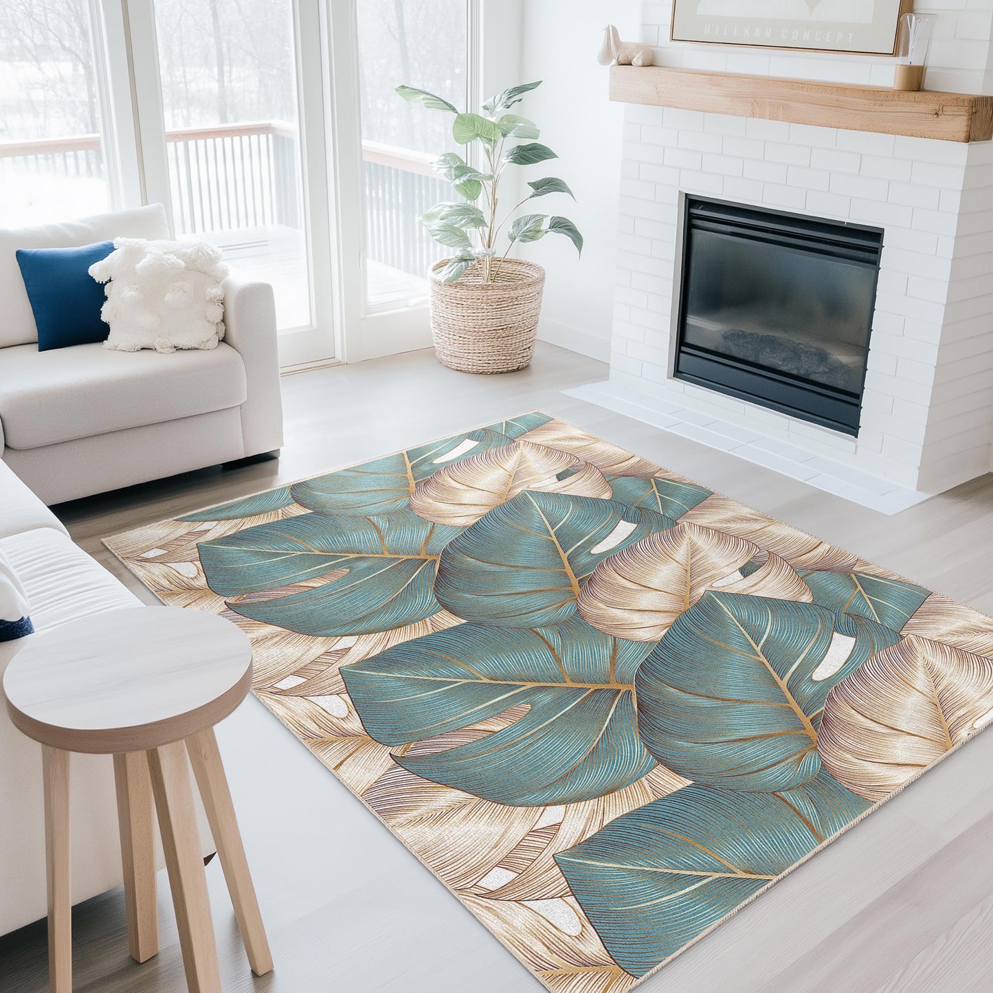 Tropical Inspired Living Room Carpet | Elegant Leaf Pattern Rectangular Area Rug | Soft Decorative Floor Mat