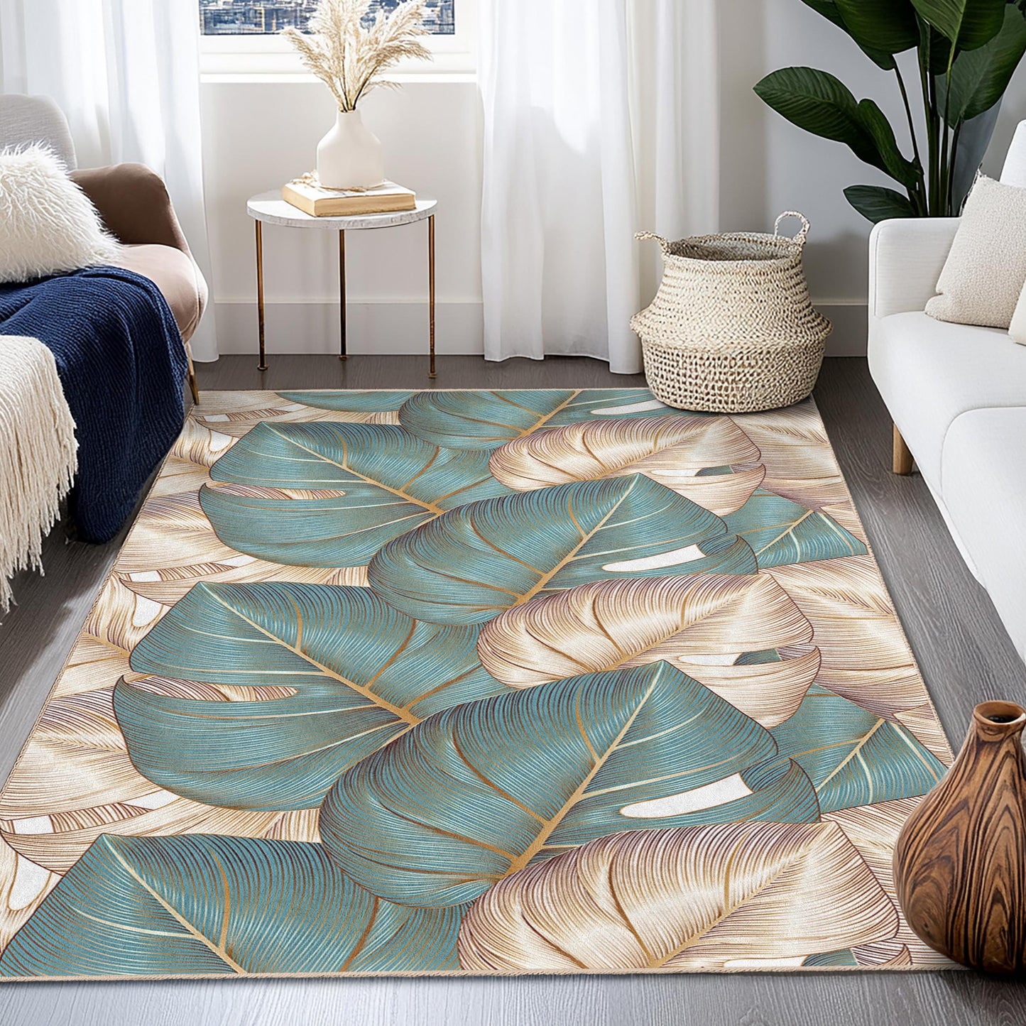 Tropical Inspired Living Room Carpet | Elegant Leaf Pattern Rectangular Area Rug | Soft Decorative Floor Mat