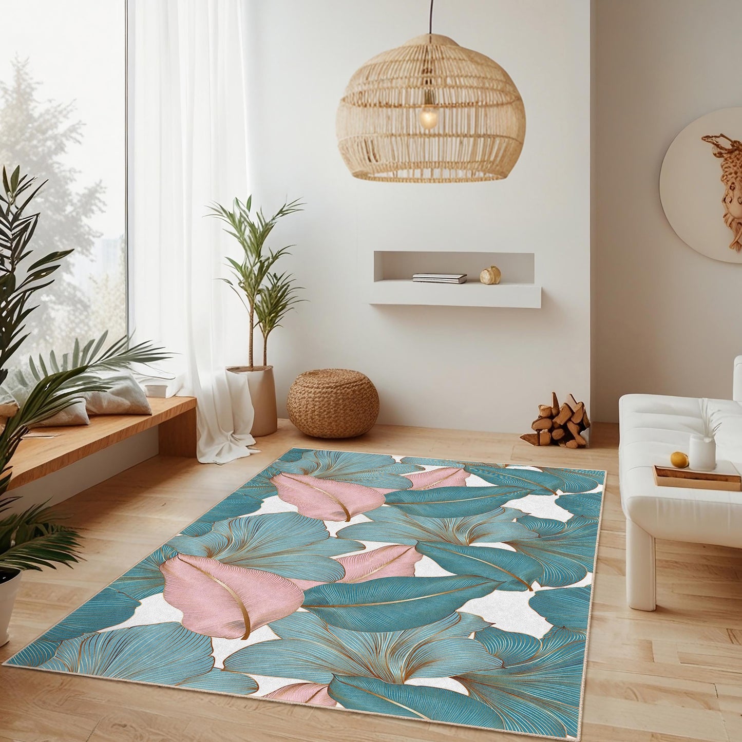 Tropical Leaves Patterned Rectangular Area Rug | Elegant Living Room Decor | Soft Cotton Carpet for Home | Stylish Indoor Mat
